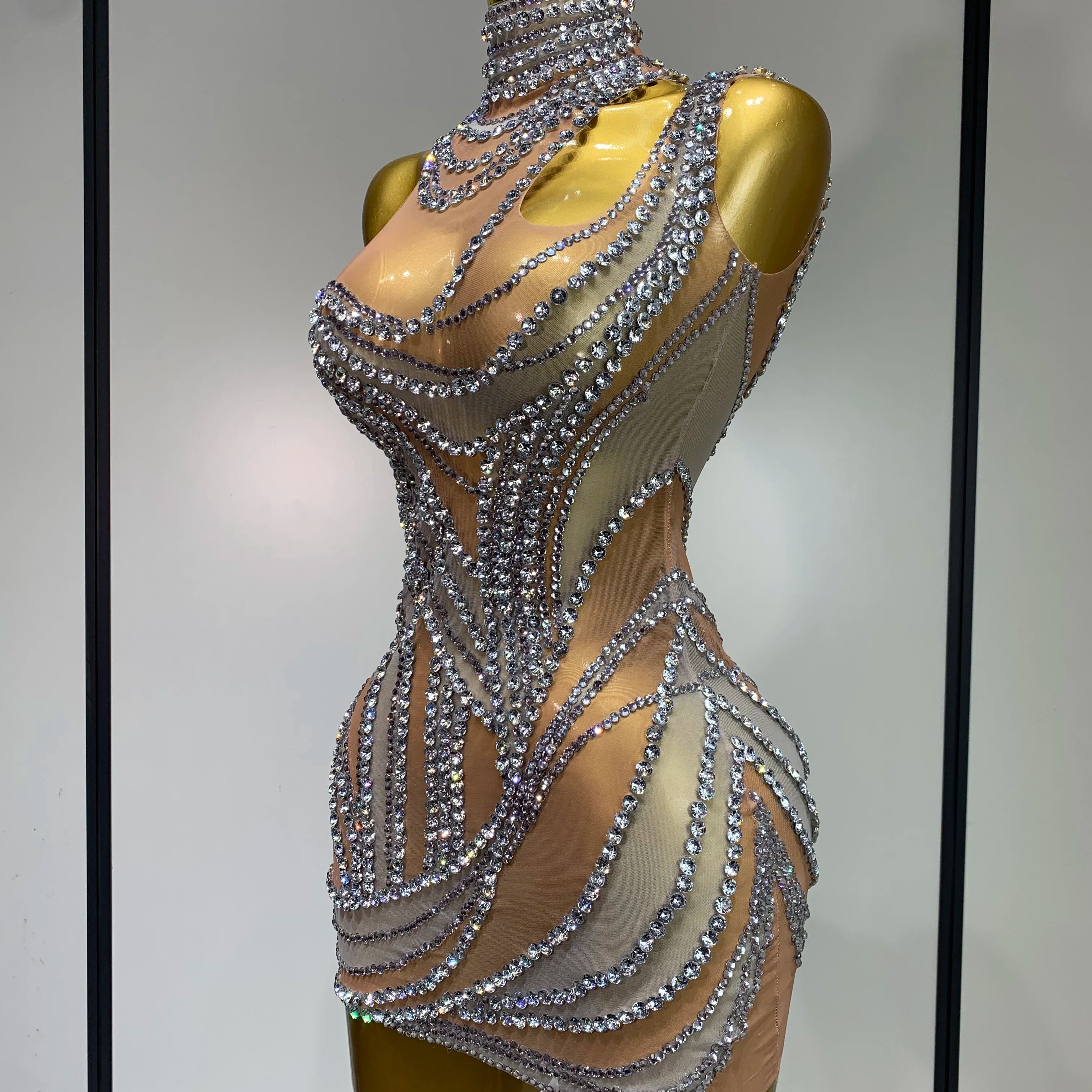 Sparkly Crystals See Through Women Cocktail Dresses Celebrate Birthday Party Gowns Singer Performance Stretch Stage Costume