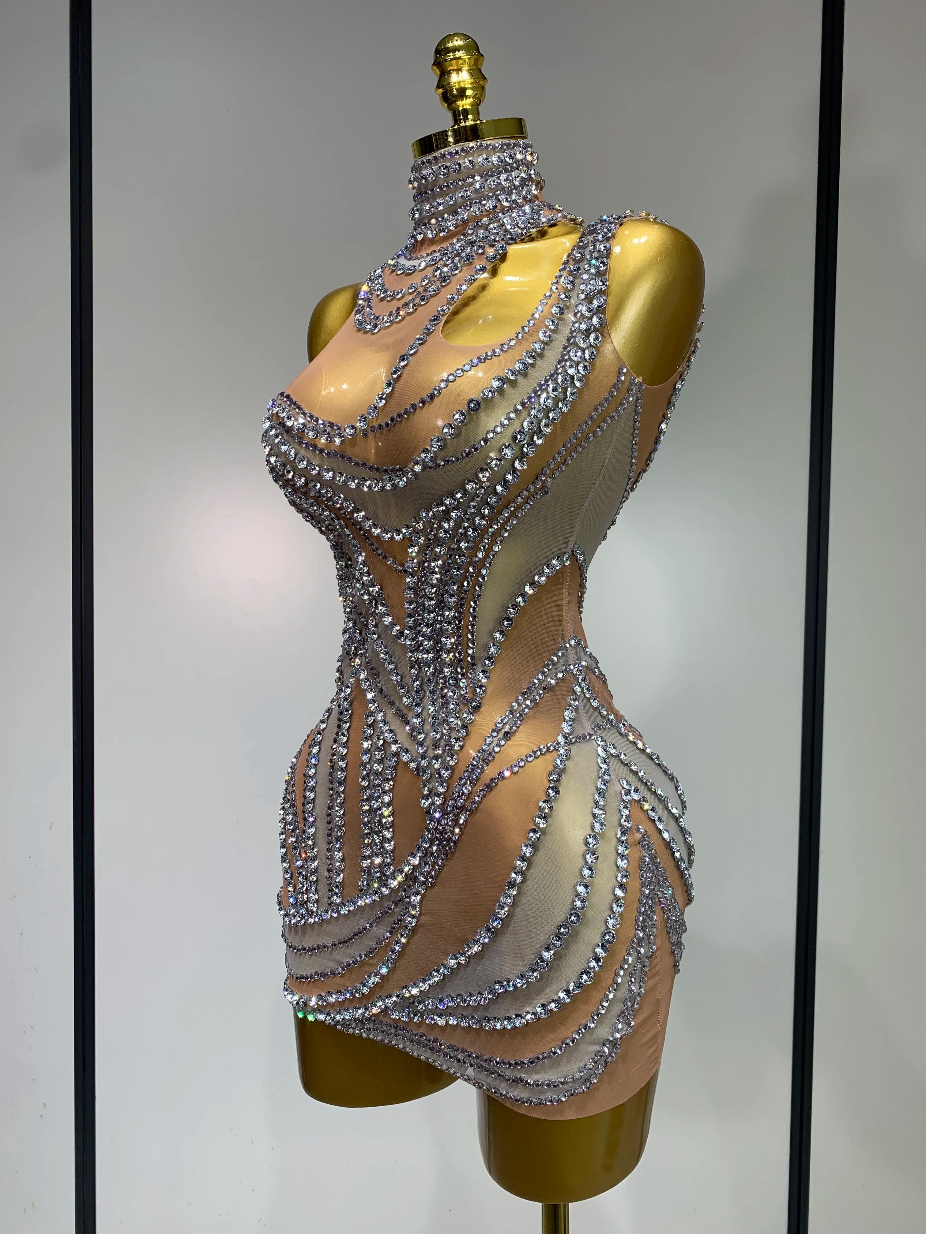 Sparkly Crystals See Through Women Cocktail Dresses Celebrate Birthday Party Gowns Singer Performance Stretch Stage Costume