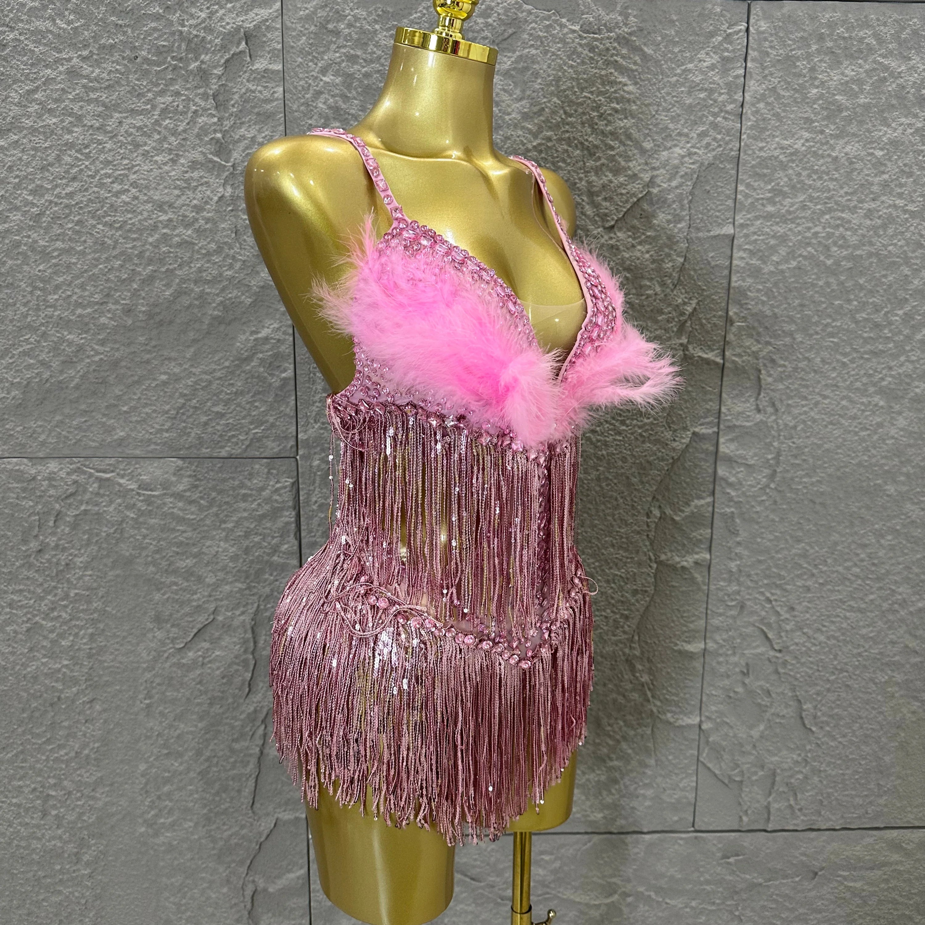 Opulent Pink Sparkly Rhinestone Feather Train Bodysuit Sexy Stage Performance Costume Singer Birthday Party Nightclub Outfit