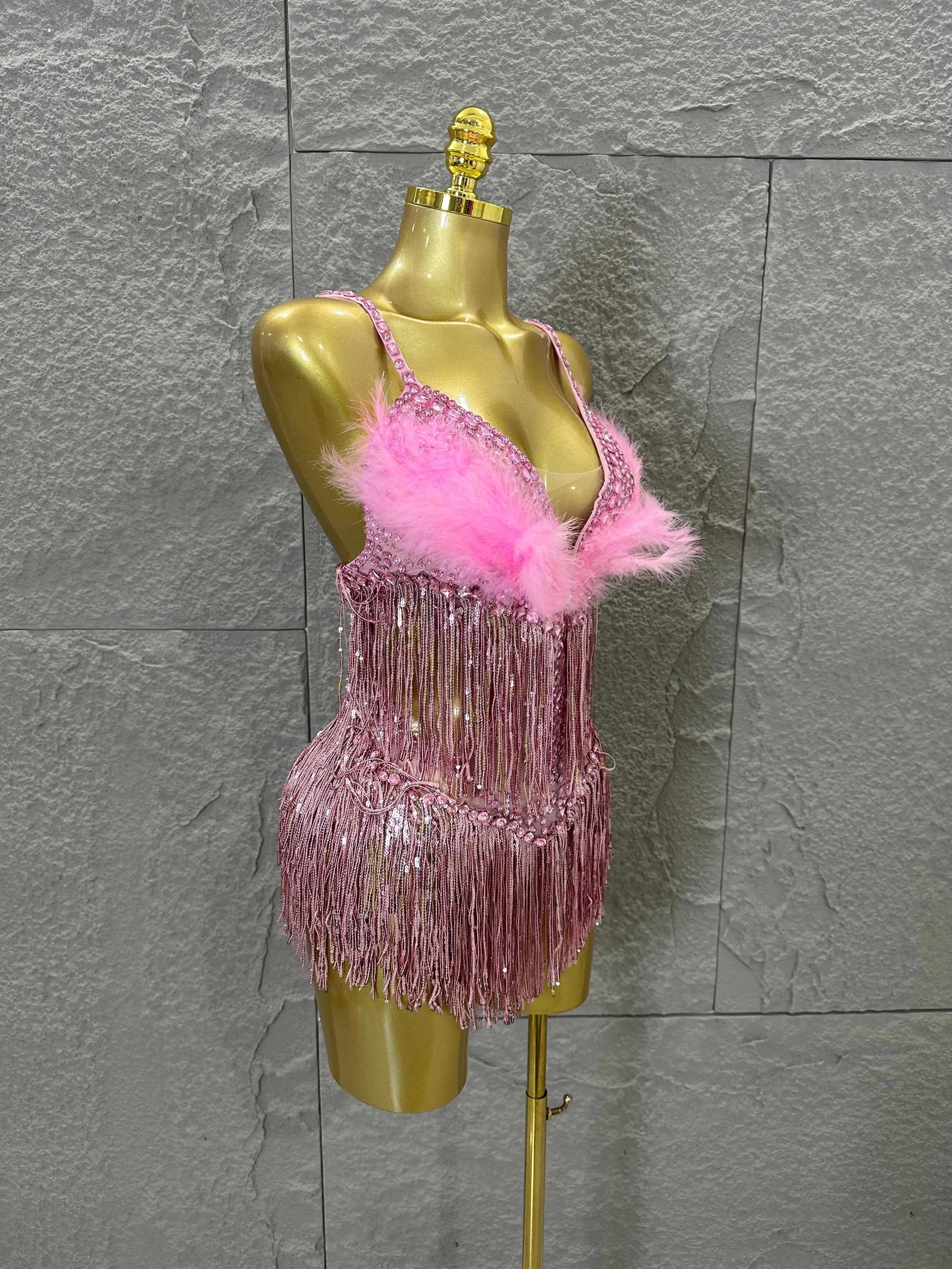 Opulent Pink Sparkly Rhinestone Feather Train Bodysuit Sexy Stage Performance Costume Singer Birthday Party Nightclub Outfit