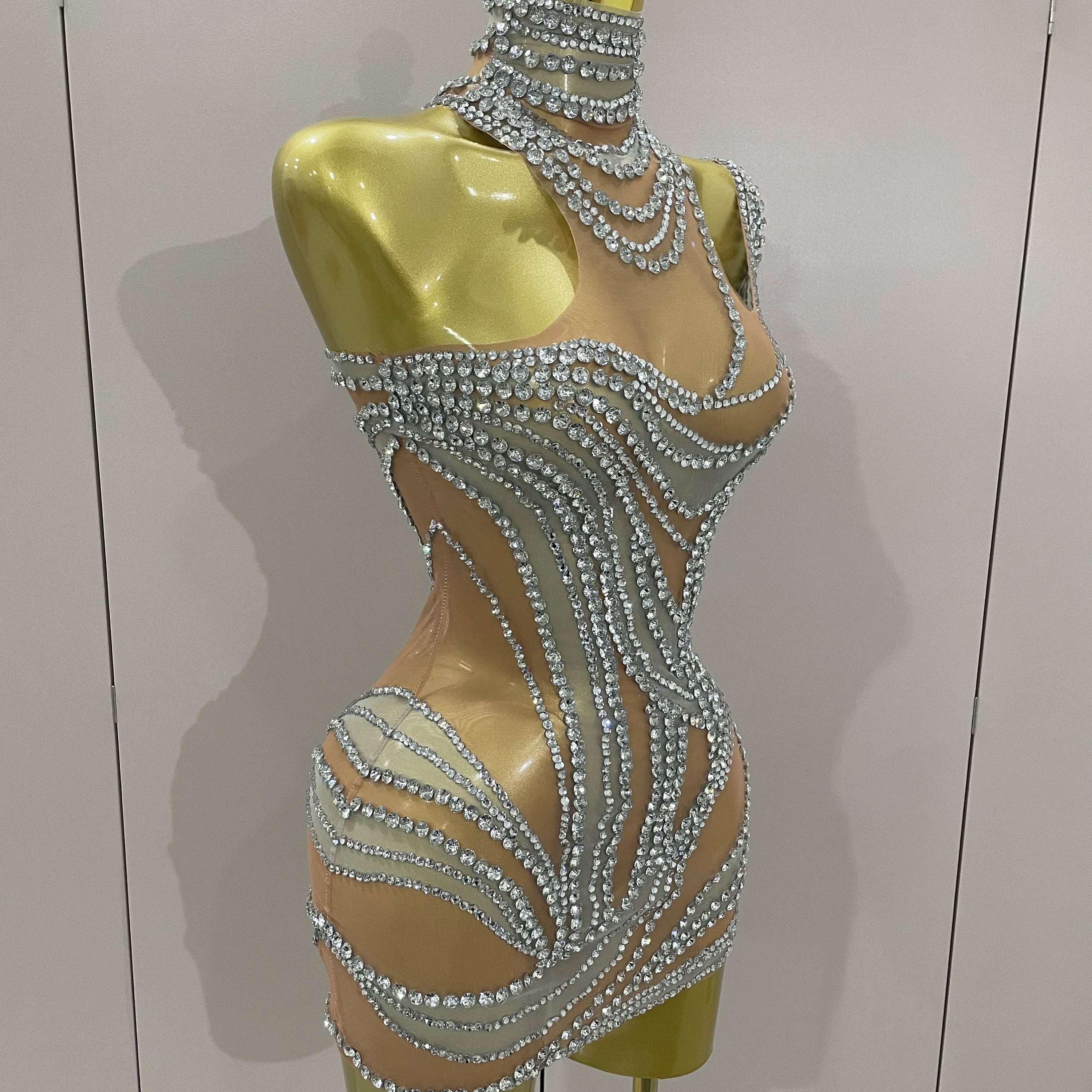 Luxury Sparkly Crystals See Through Mini Dress 2025Women Celebrate Birthday Party Gowns Singer Performance Stretch Stage Costume