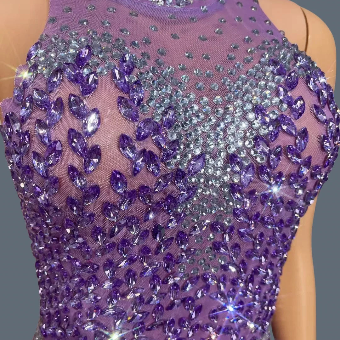 High-quality Purple Crystals Sexy Evening Gown Luxury Dinners Ball Dress Women's Birthday Party Stage Elegant Mesh Dress zizi