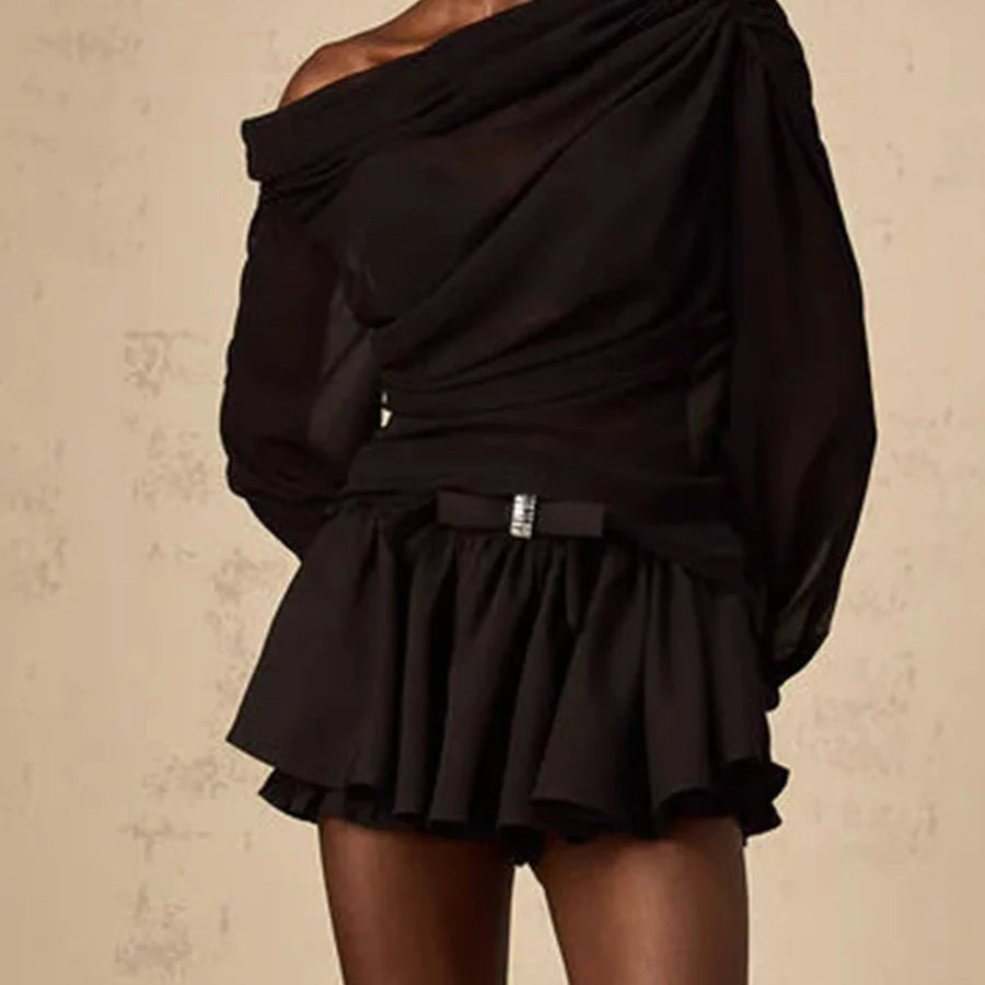 Solid Loose Two Piece Sets for Women Diagonal Neck Long Sleeves Spliced Bow Top Patchwork Ruffles Skirt Female New BLACK