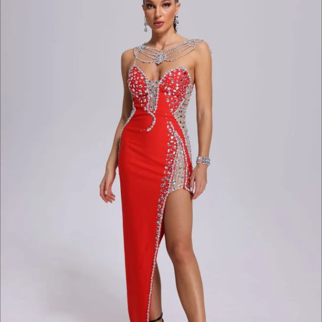 White Pink Blue Color Women Sexy Strapless Shinning Crystal Bodycon Bandage Maxi Dress Celebrate Evening Party Outfit Vestido Red