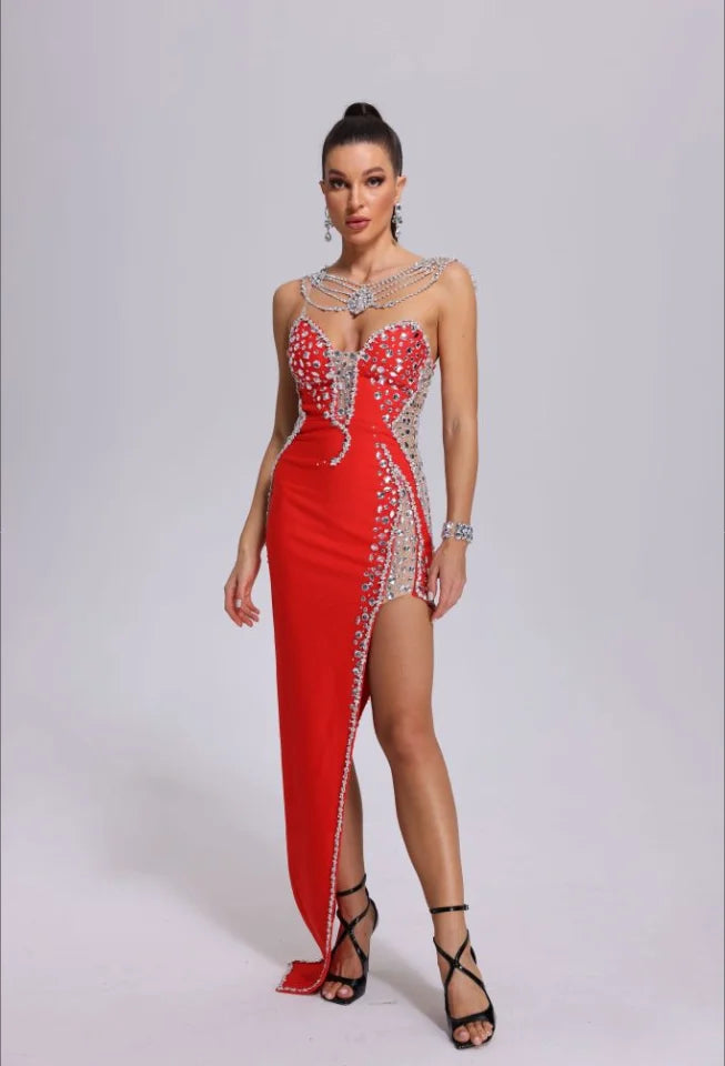 White Pink Blue Color Women Sexy Strapless Shinning Crystal Bodycon Bandage Maxi Dress Celebrate Evening Party Outfit Vestido Red