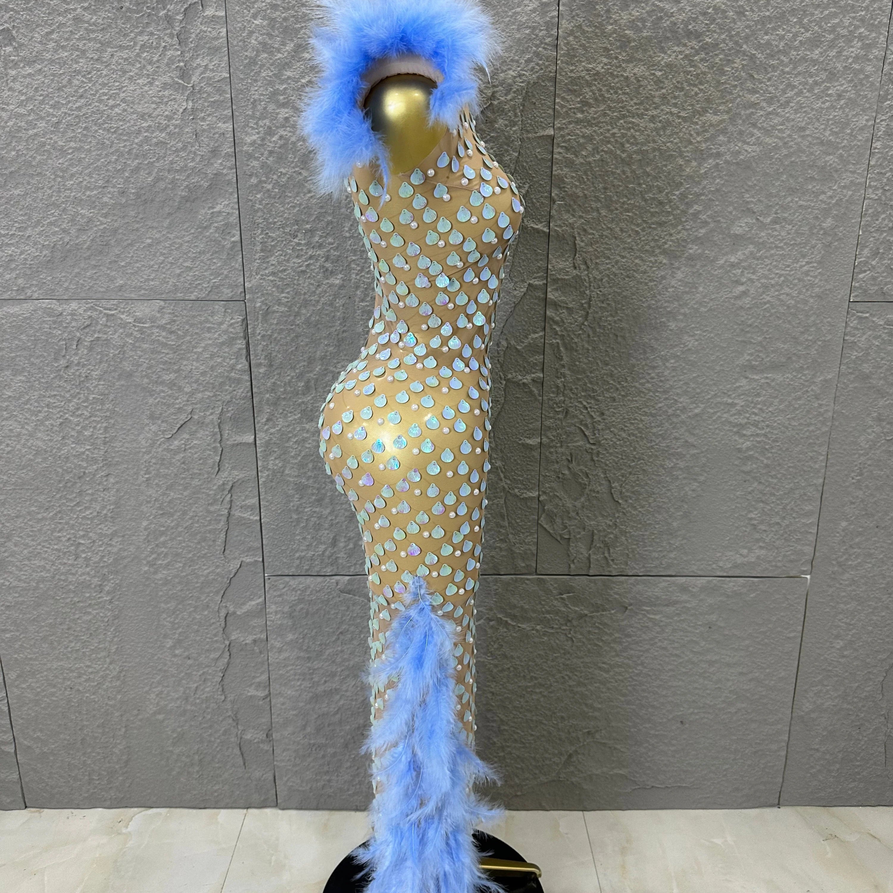 Women Blue Feather Trim Teardrop Sequin Embellished Bodycon Stage Performance Gown Nude Sheer Mesh Maxi Dress