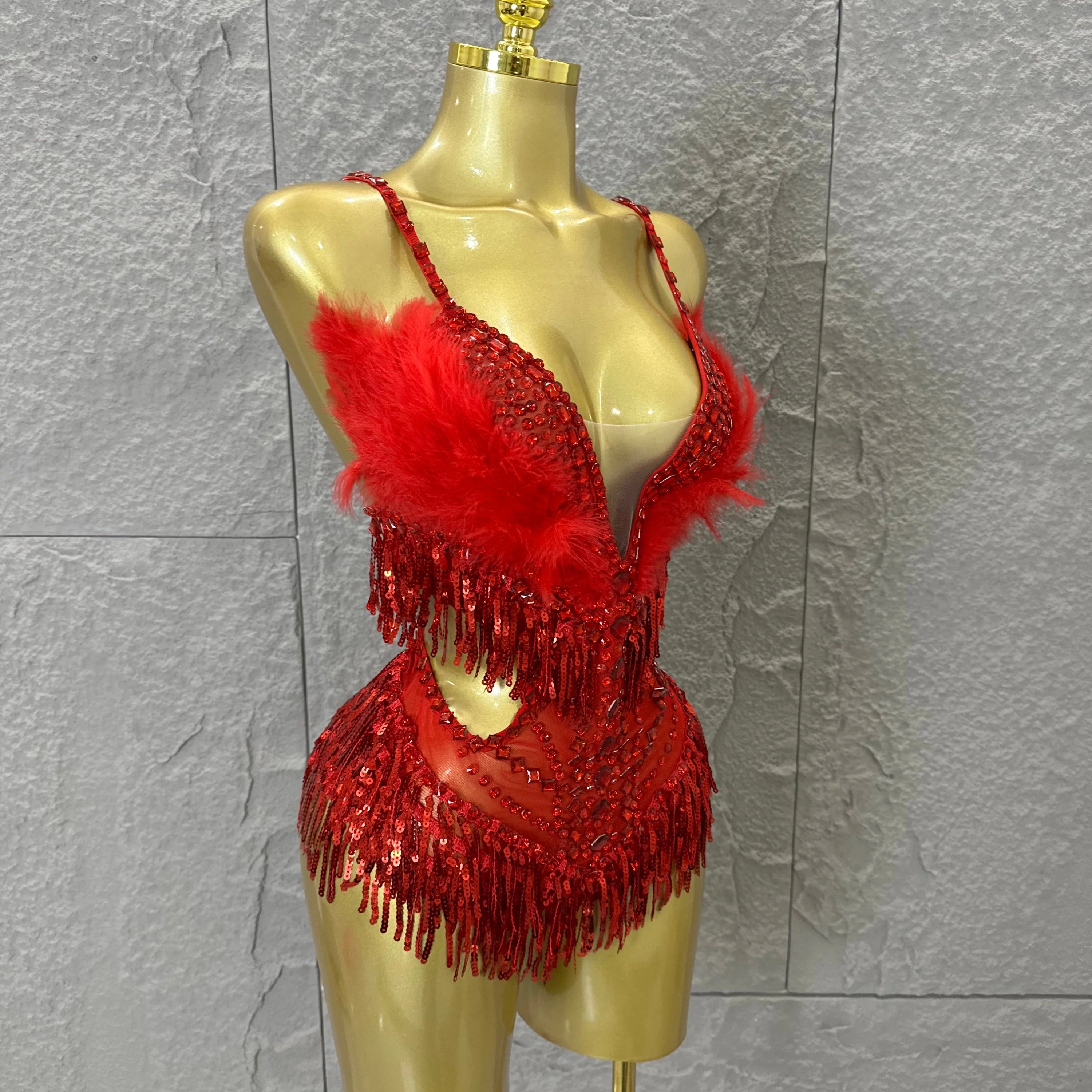 Luxurious Sheer Mesh Bodysuit Women Sexy Crystal Embellished Feather Fringe Trim Spaghetti Strap Outfit Stage Performance Outfit
