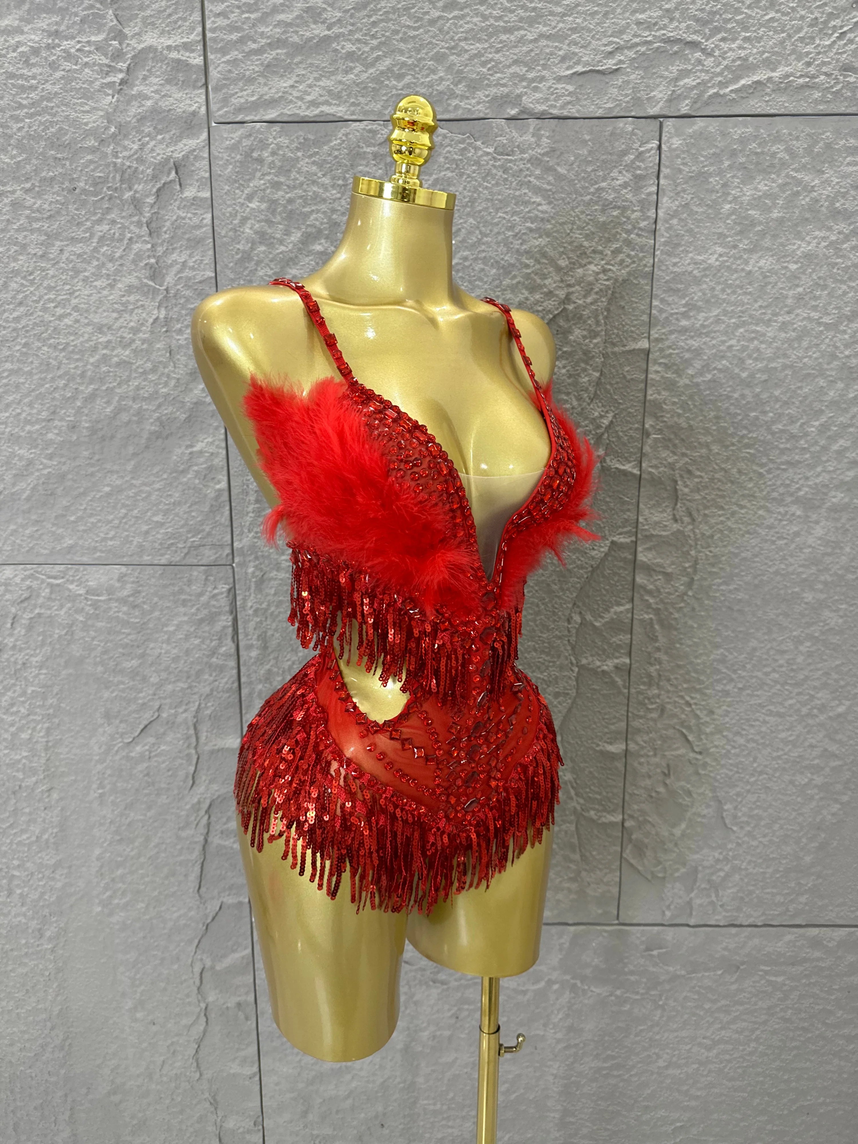 Luxurious Sheer Mesh Bodysuit Women Sexy Crystal Embellished Feather Fringe Trim Spaghetti Strap Outfit Stage Performance Outfit