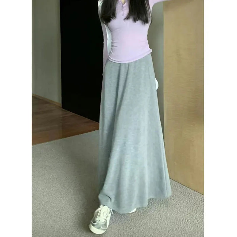 Lucyever Vintage Gray Knitted Midi Skirts Women 2023 New High Waist Slimming A-Line Skirt Woman Elegant Solid Droop Long Skirts GRAY One Size