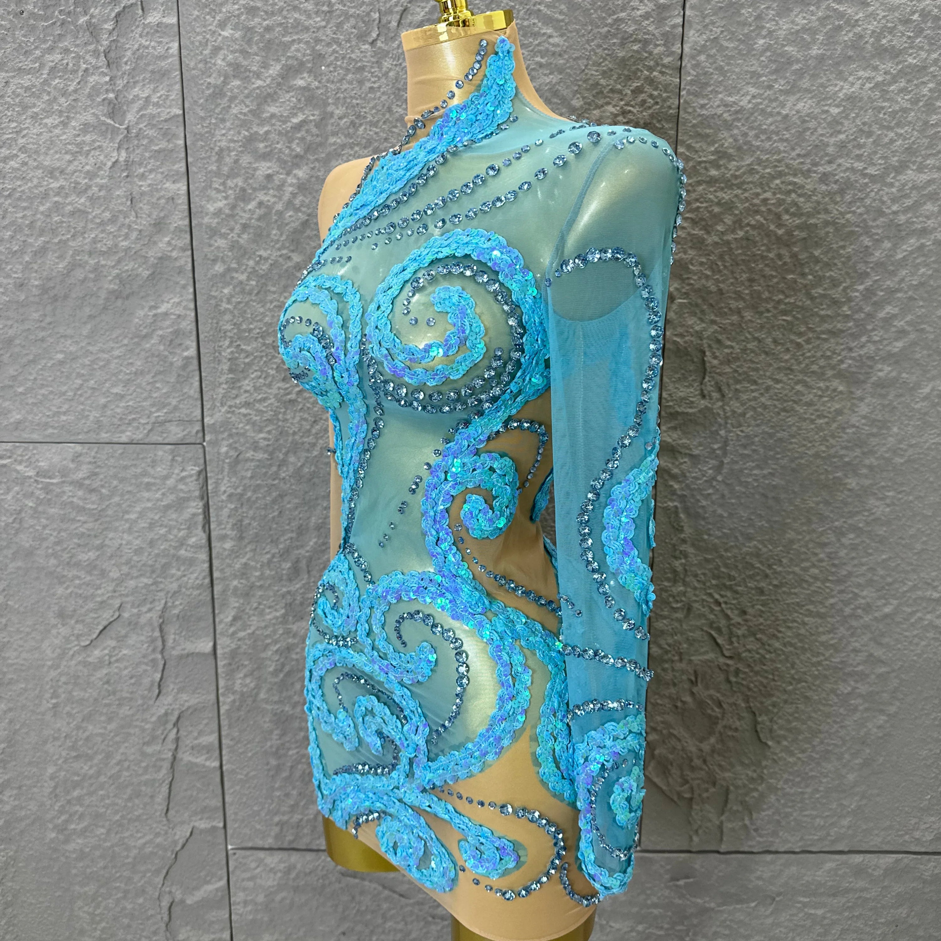 Luxury Sheer Mesh Bodycon Gown Cocktail Party Red Carpet Performance Outfit Elegant Blue Crystal Embellished Mini Dress Women