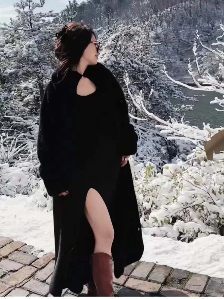 Winter Long Oversized Warm Thick Fluffy Brown Soft Skirted Faux Mink Fur Coat Women Elegant Luxury Furry Overcoat 2024 Black