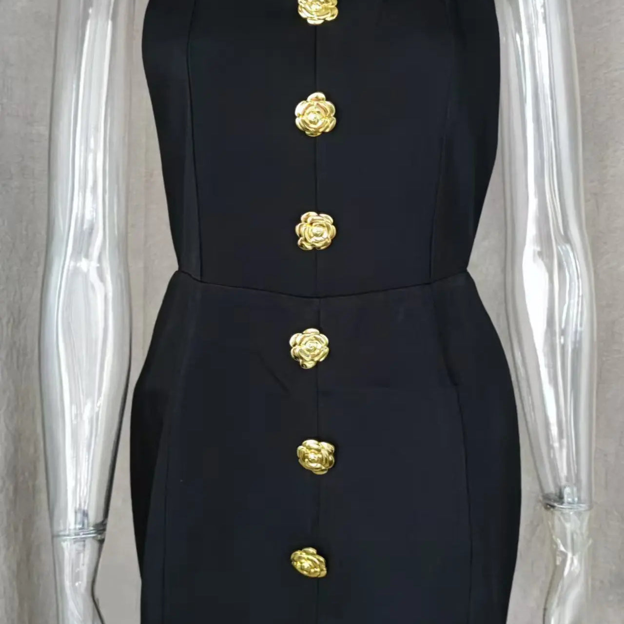 Women Summer Halter Backless Mini Dress Sleeveless Gold Button Solid Color New Fashion Elegant Dresses Lady Chic Party Vestidos Brown