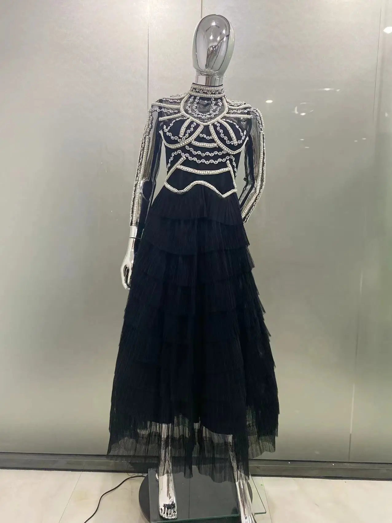 2024 New Autumn Women Long Sleeve Sexy Beading Crystal Ball Gown Long Dress Celebrate Fashion Red Carpet Celebrity Dress Vestido