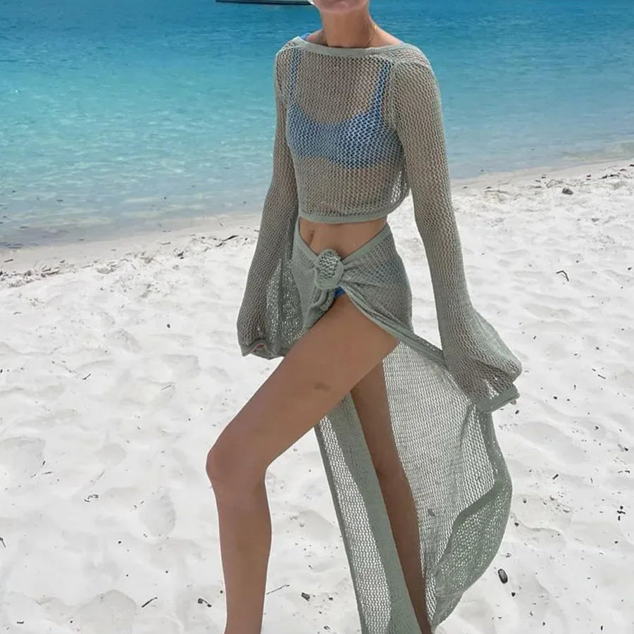 Sexy Knit Cut Out Bell Sleeve Short Top Lace-up Beach Slit Leg Skirt Suit 2023 Summer Women Bikini Cover-ups Beachwear Set Cyan-blue