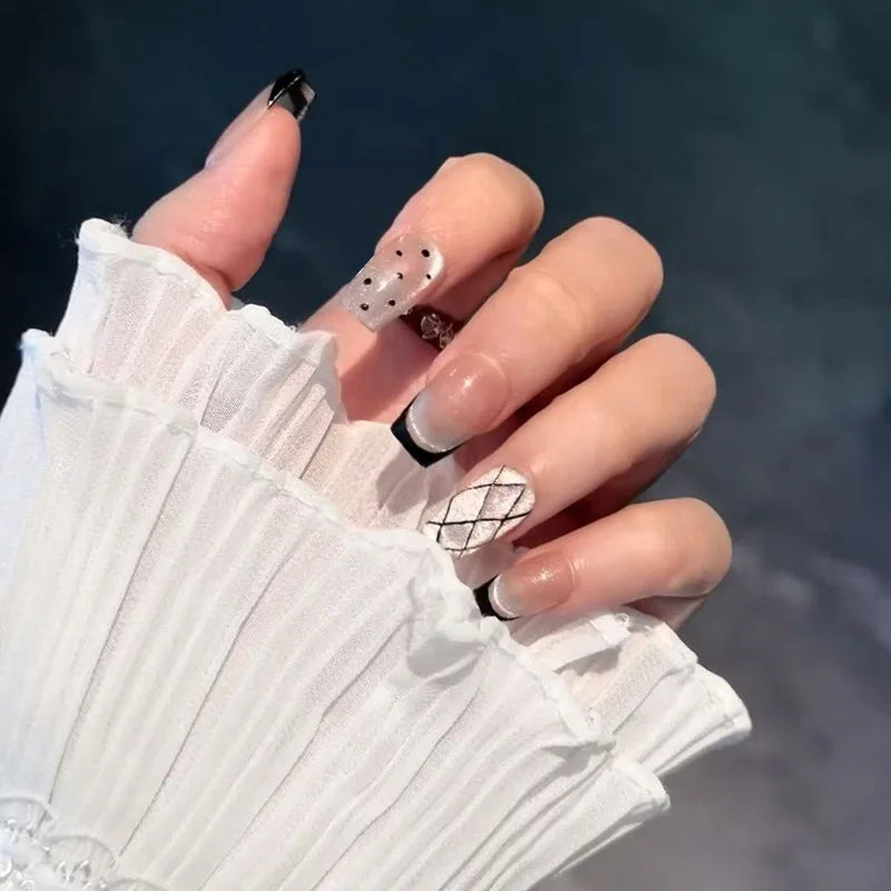 24Pcs Nude Pink French Fake Nail Ballet Full Cover Nail Tips with Rhinestone Leopard Print Design Wearable Press on False Nails 107