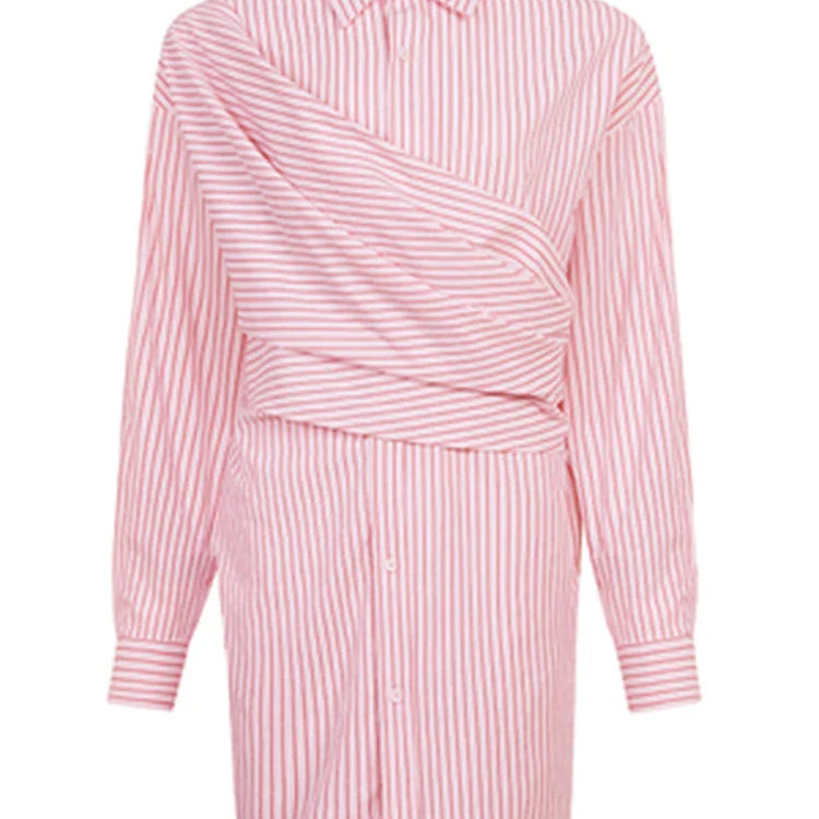DEAT Fashion Women Blue Stripe Shirt Dress Lapel Single Breasted Full Sleeves Waist Retraction Folds Dresses Spring New pink stripes