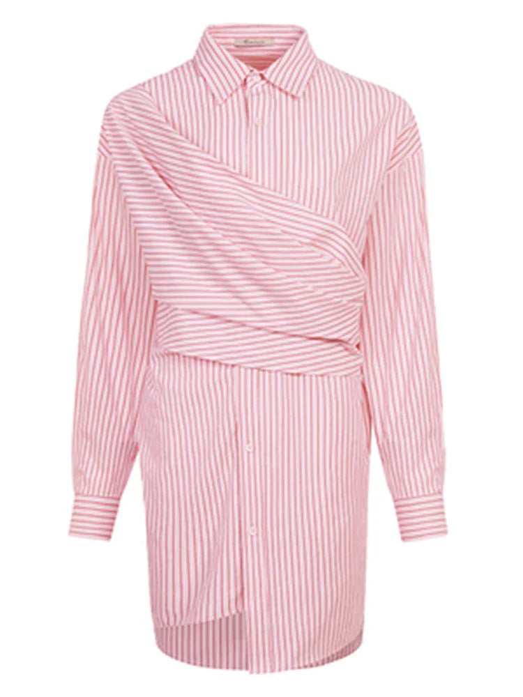 DEAT Fashion Women Blue Stripe Shirt Dress Lapel Single Breasted Full Sleeves Waist Retraction Folds Dresses Spring New pink stripes