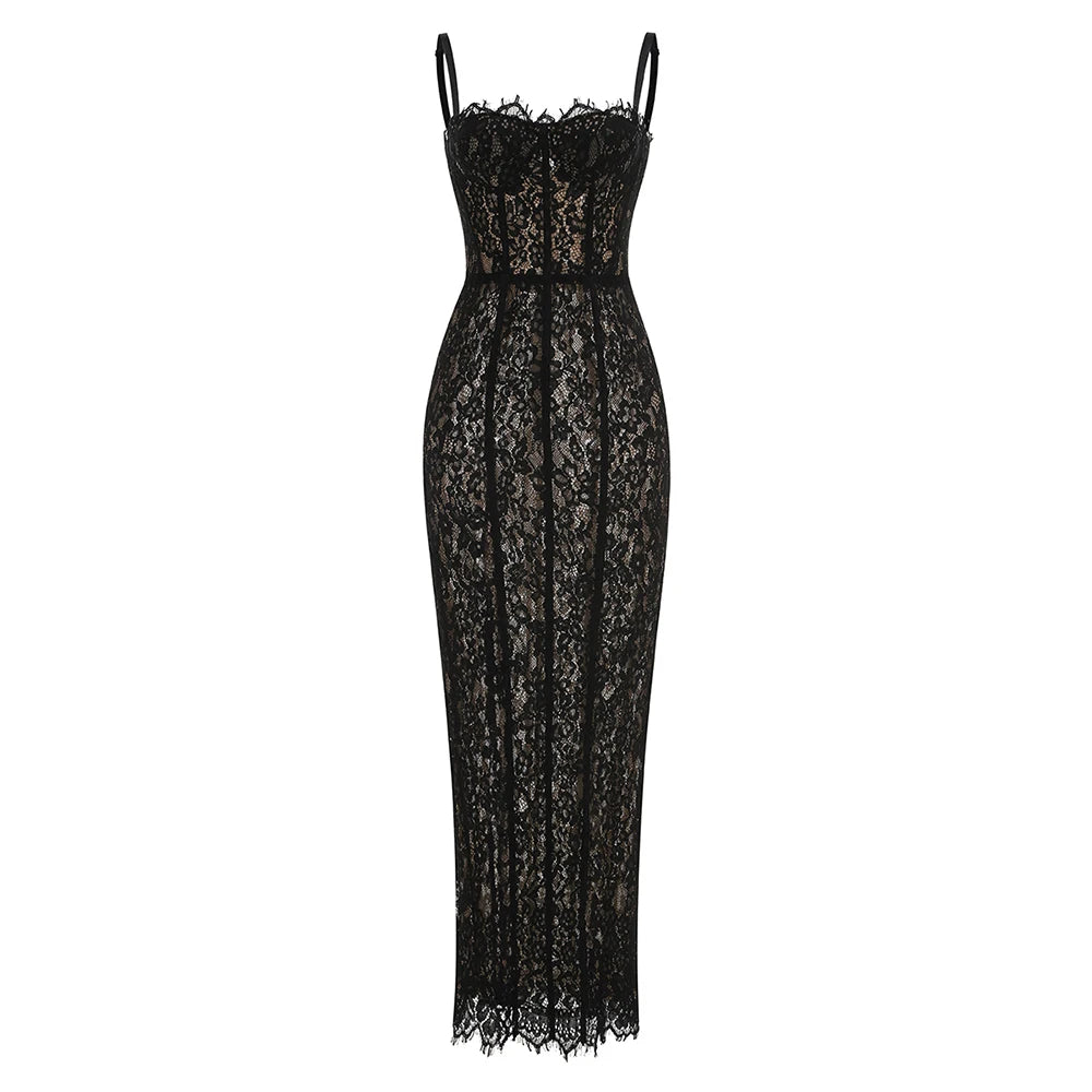 Elegant Black Lace Spaghetti-Strap Maxi Dress for Sophisticated Occasions Party Evening Gown black