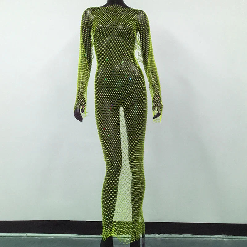 Y2K Sexy Shiny Rhinestones Grid Fishnet Dress Long Sleeve Hollow Out Side Slit Dress Beach Cover Up Breathable Lady Vestidos Green Normal One Size