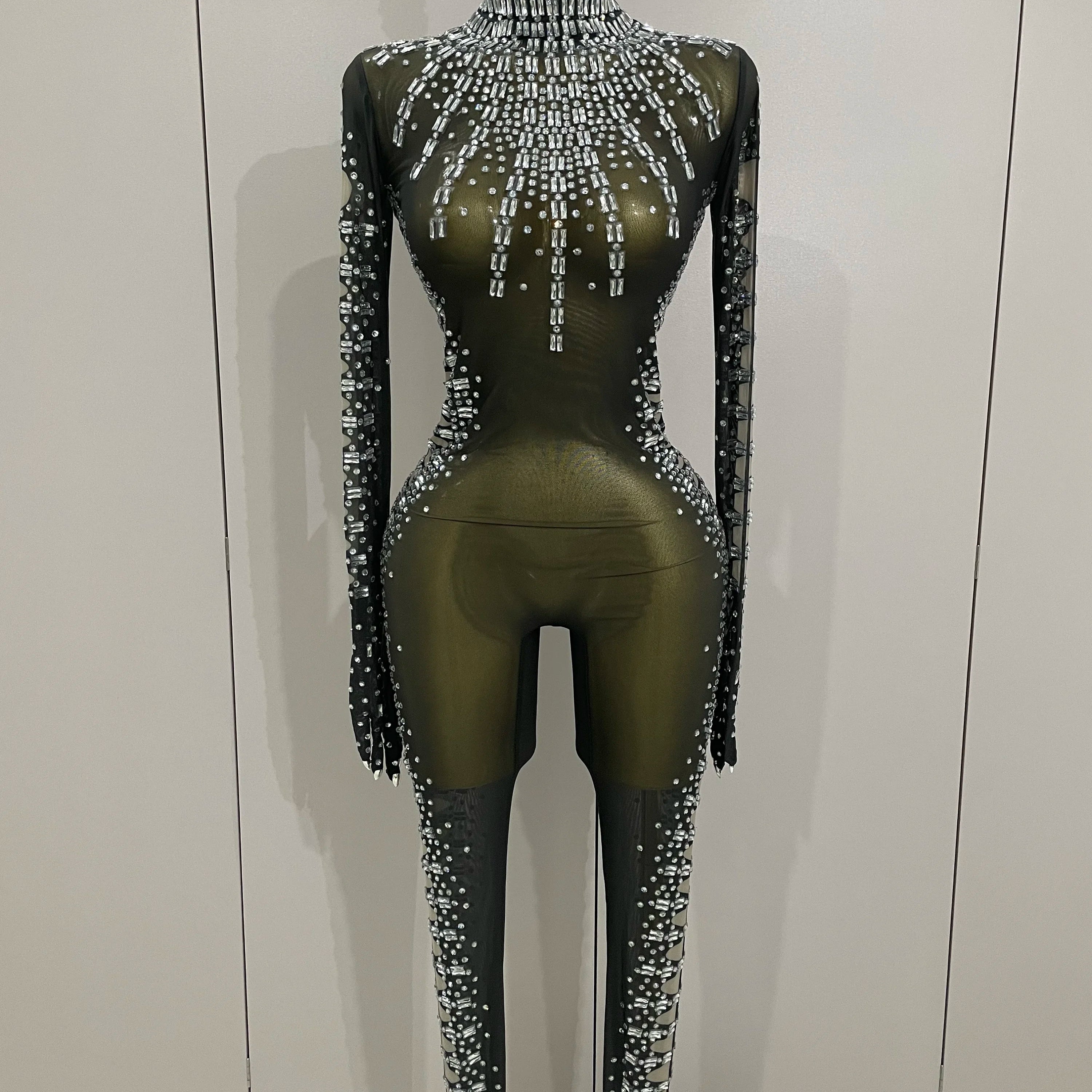 Sexy Sparkly Crystals Black Mesh Jumpsuit With Gloves 2025 Women Celebrate Birthday Party NightClub Singer Dance Stage Costumes black