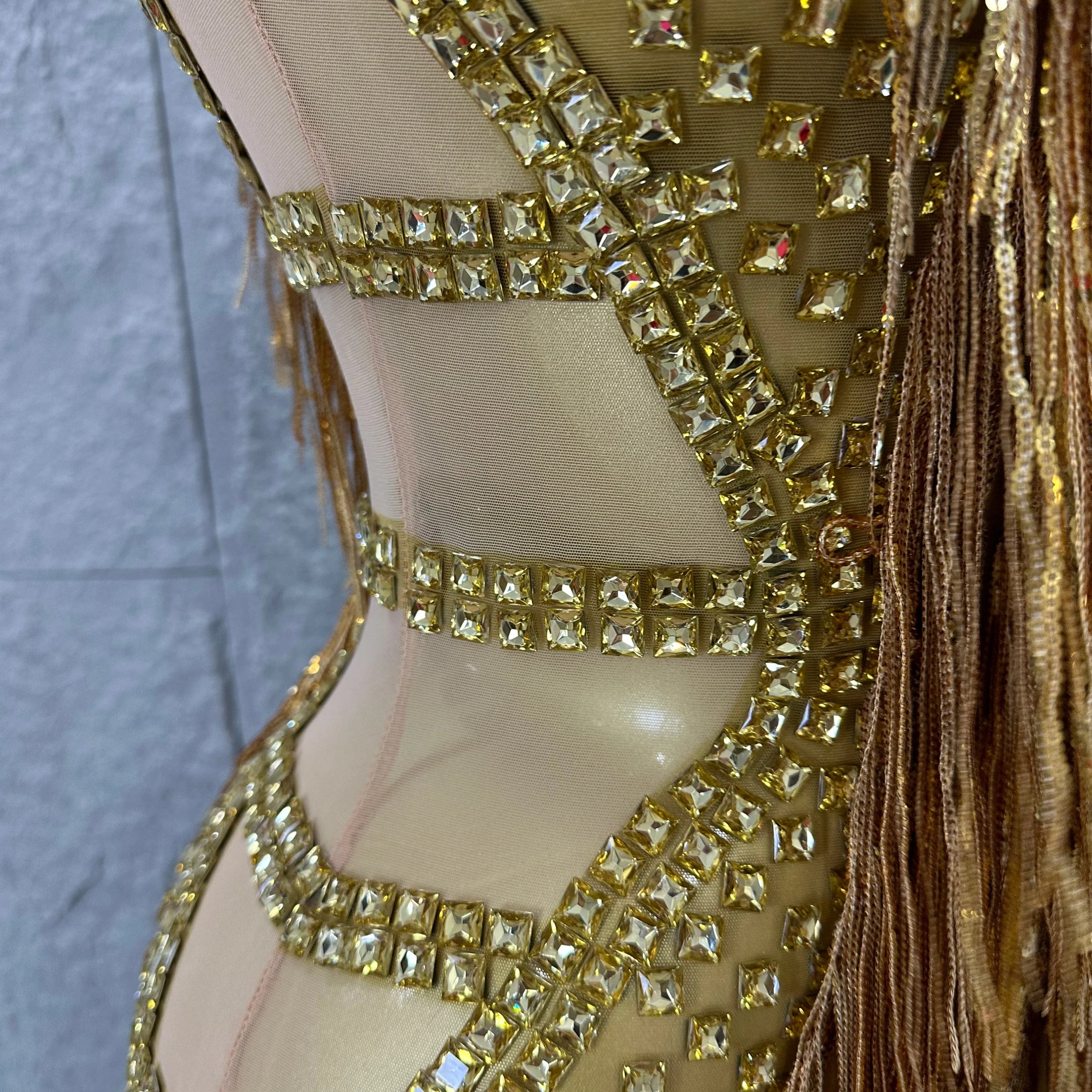 Opulent Gold Halter Neck Mini Dress Women Sexy Crystal Embellished Fringe Trim Form-Fitting Outfit Formal Event Party Costume