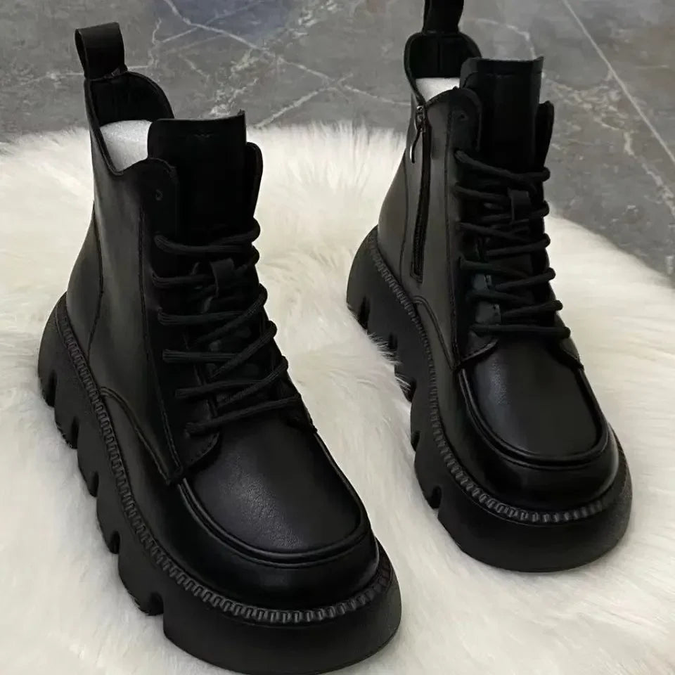 Platform Short Shoes for Women with Laces Footwear Punk Booties Black Combat Lace-up Female Ankle Boots Round Toe Leather Boot black