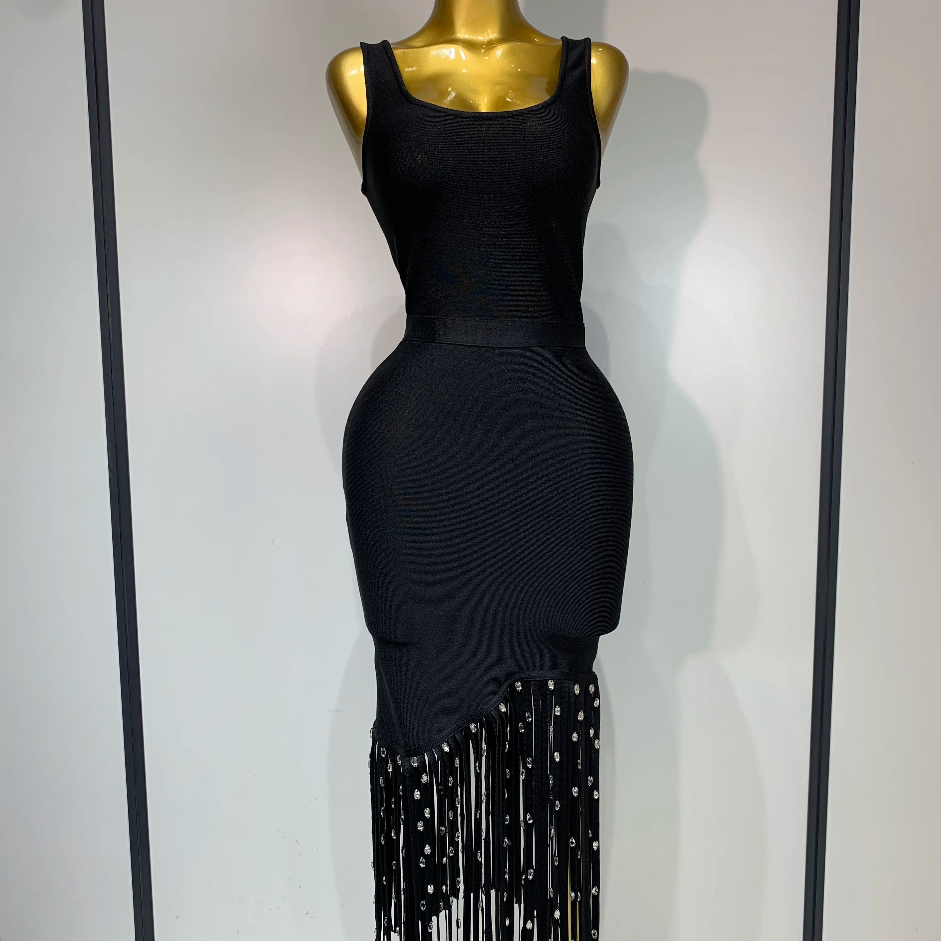 2025 New Fashion Crystal Tassel Temperament Suspender Bodycon Bandage Dress Sexy Midi Evening Party Birthday Dresses Vestidos black