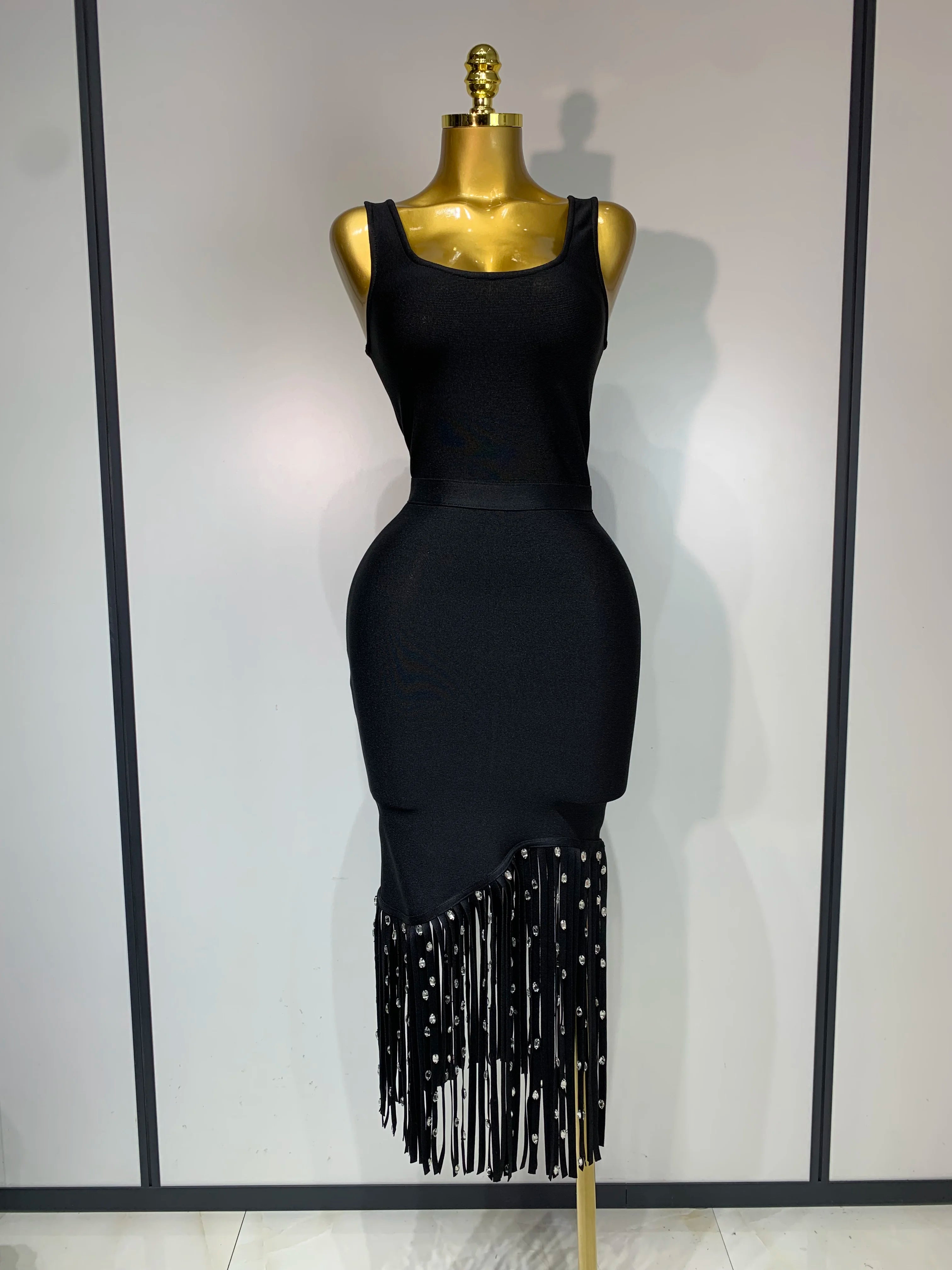 2025 New Fashion Crystal Tassel Temperament Suspender Bodycon Bandage Dress Sexy Midi Evening Party Birthday Dresses Vestidos black