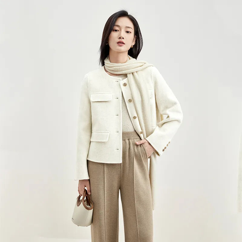 Winter Wool Blend Coats for Women Round Neck Long Sleeve Double-faced Woolen Cropped Jacket Elegant Outerwear Apricot