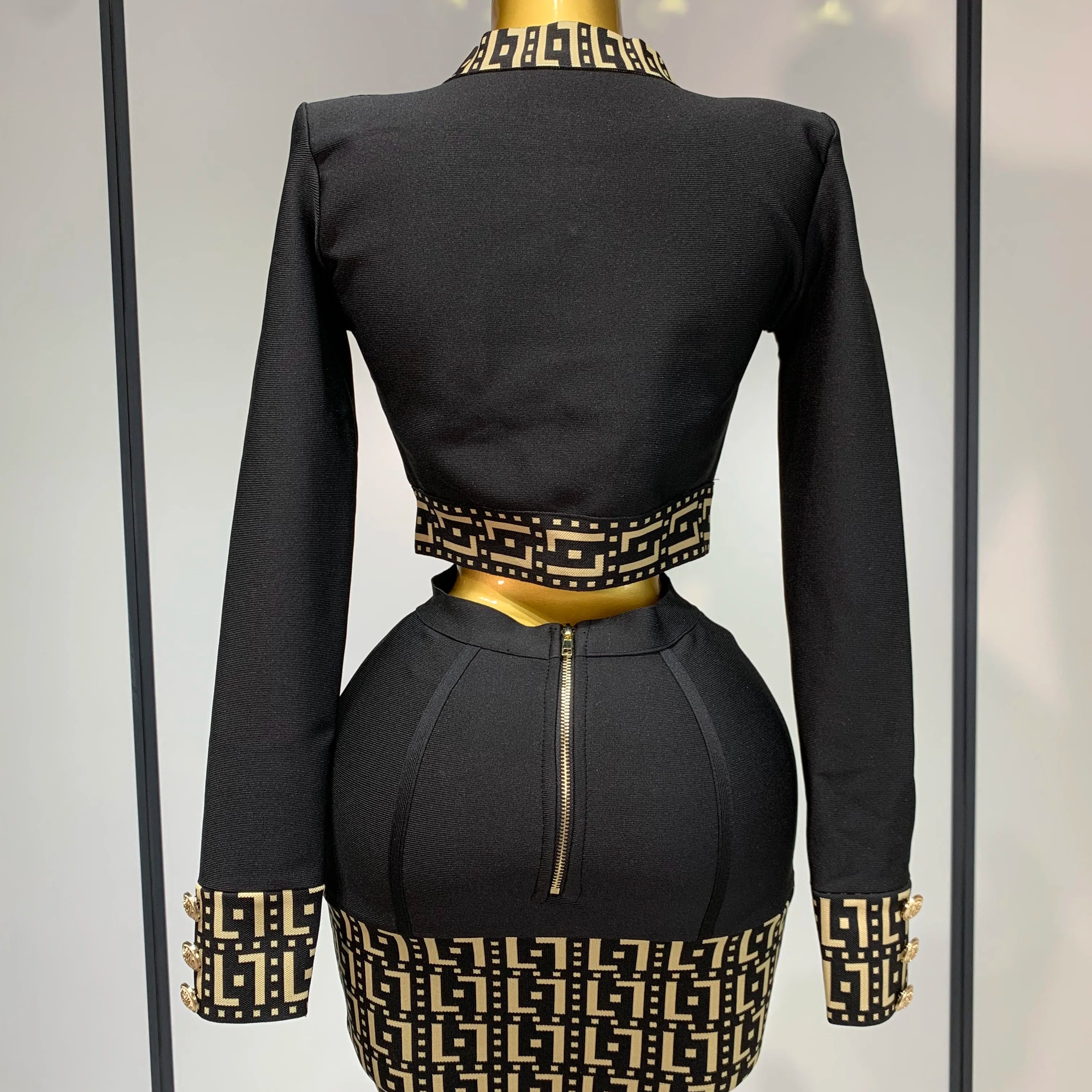 Women Black Long Sleeves Two Pieces Bandage Set Bottons Top Bodycon Mini Skirt Suit Evening Party Luxury Birthday Women's Outfit