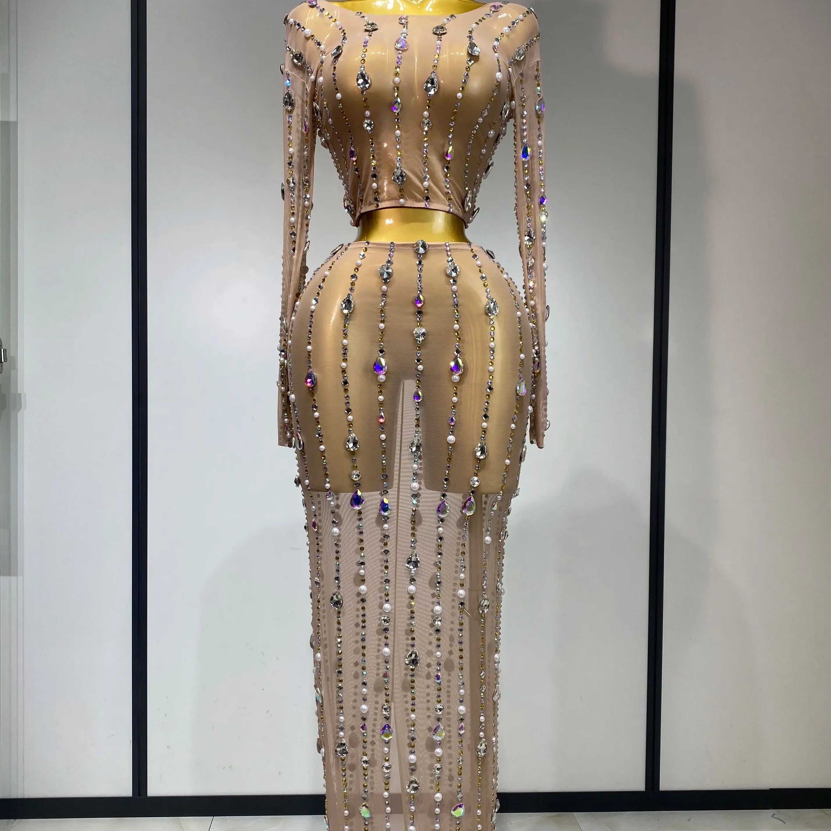 Women Sparkly Rhinestones Top Long Skirt Two Pieces Set Singer Dancer Nightclub Stage Performance Costume Luxury Birthday Dress Khaki