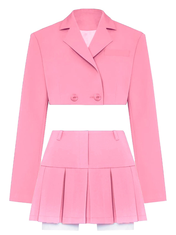 Taruxy Casual Two Piece Sets Women's Fall Outfits 2022 New Black Matching Sets With Skirt And Blazer Cropped Top Suit For Women Pink Suit