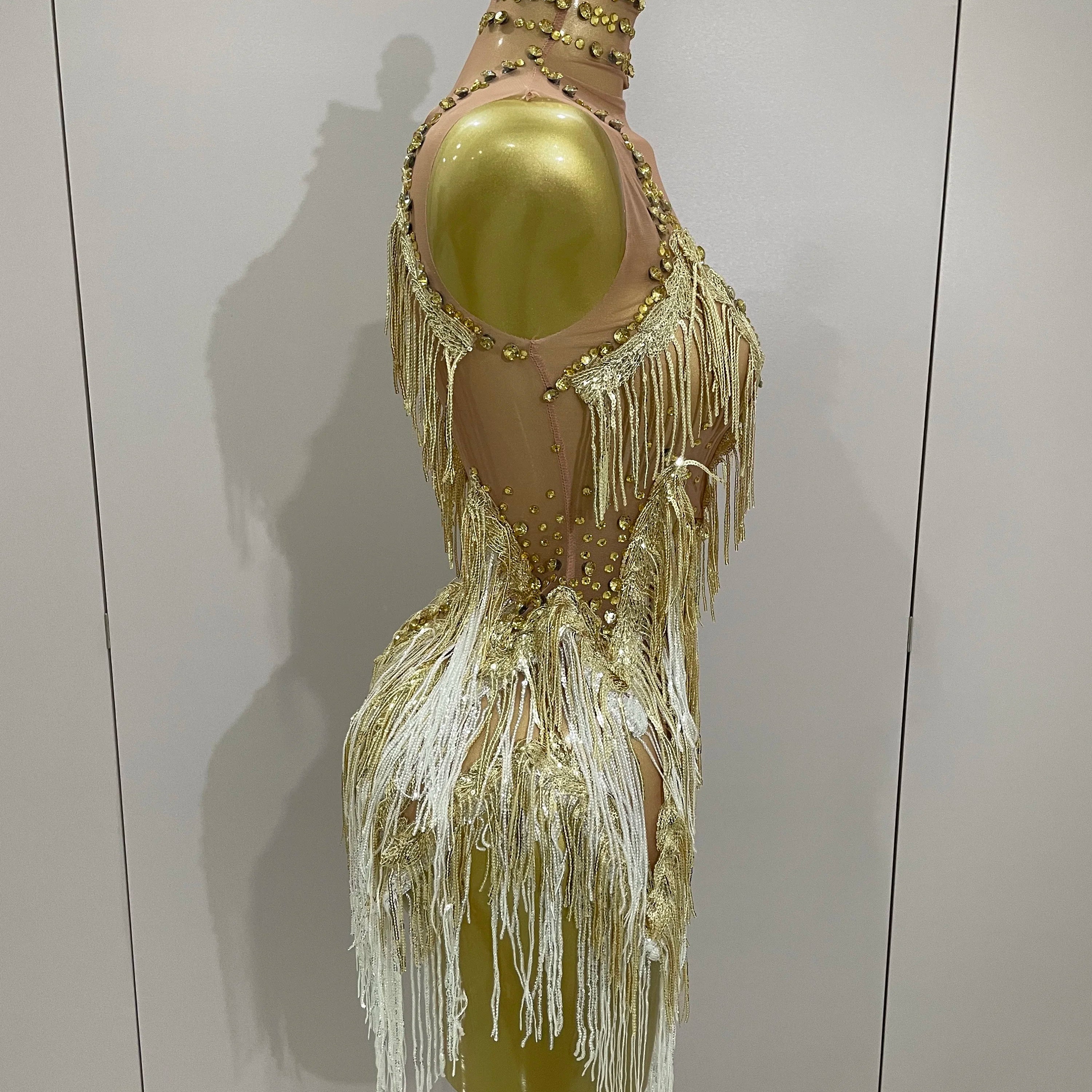 Women Sexy Stretch Mesh Sparkly Rhinestone Tassels Mini Dress Nightclub Singer Dance Stage Costume Evening Gowns