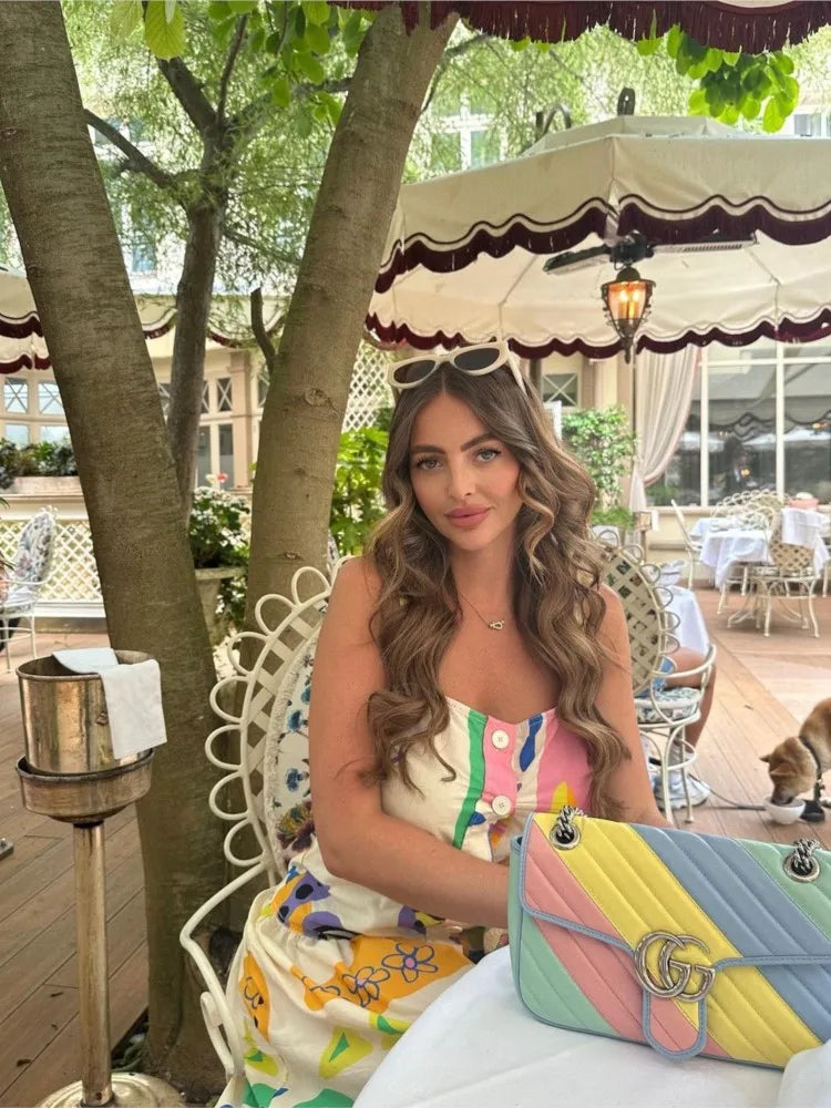 Print Square Neck Sling Midi Dress Women Single Breasted Belt Decoration A-line Dresses Summer Female Chic Beach Party vestido