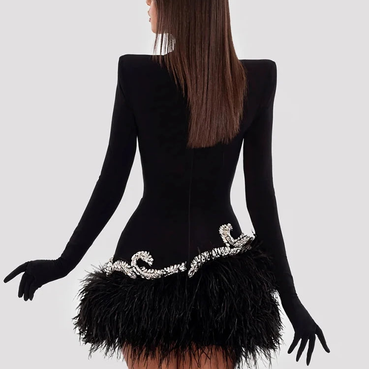 Chic And Elegant Dress Women Party Wear Long Sleeve With Gloves Luxury Crystal Design Velvet Mini Feather Dress
