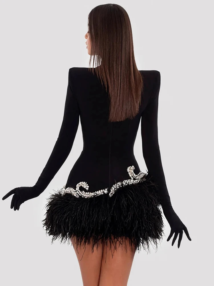 Chic And Elegant Dress Women Party Wear Long Sleeve With Gloves Luxury Crystal Design Velvet Mini Feather Dress