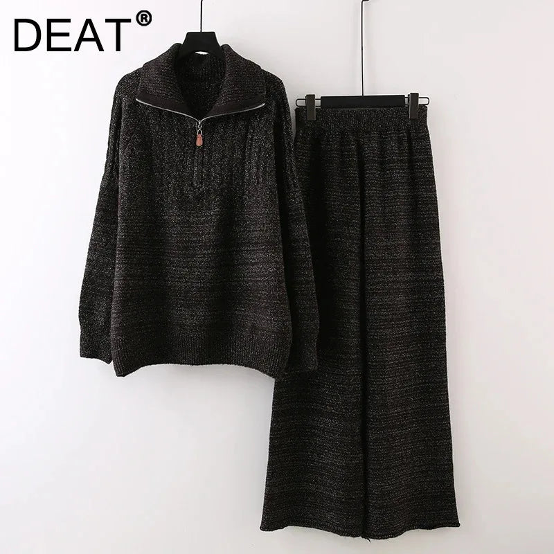 Autumn Winter New Half-Zip Stand Collar Knit Sweater Suit For Women Wide-Leg Pants Knitted Two-Piece Set 11A07540