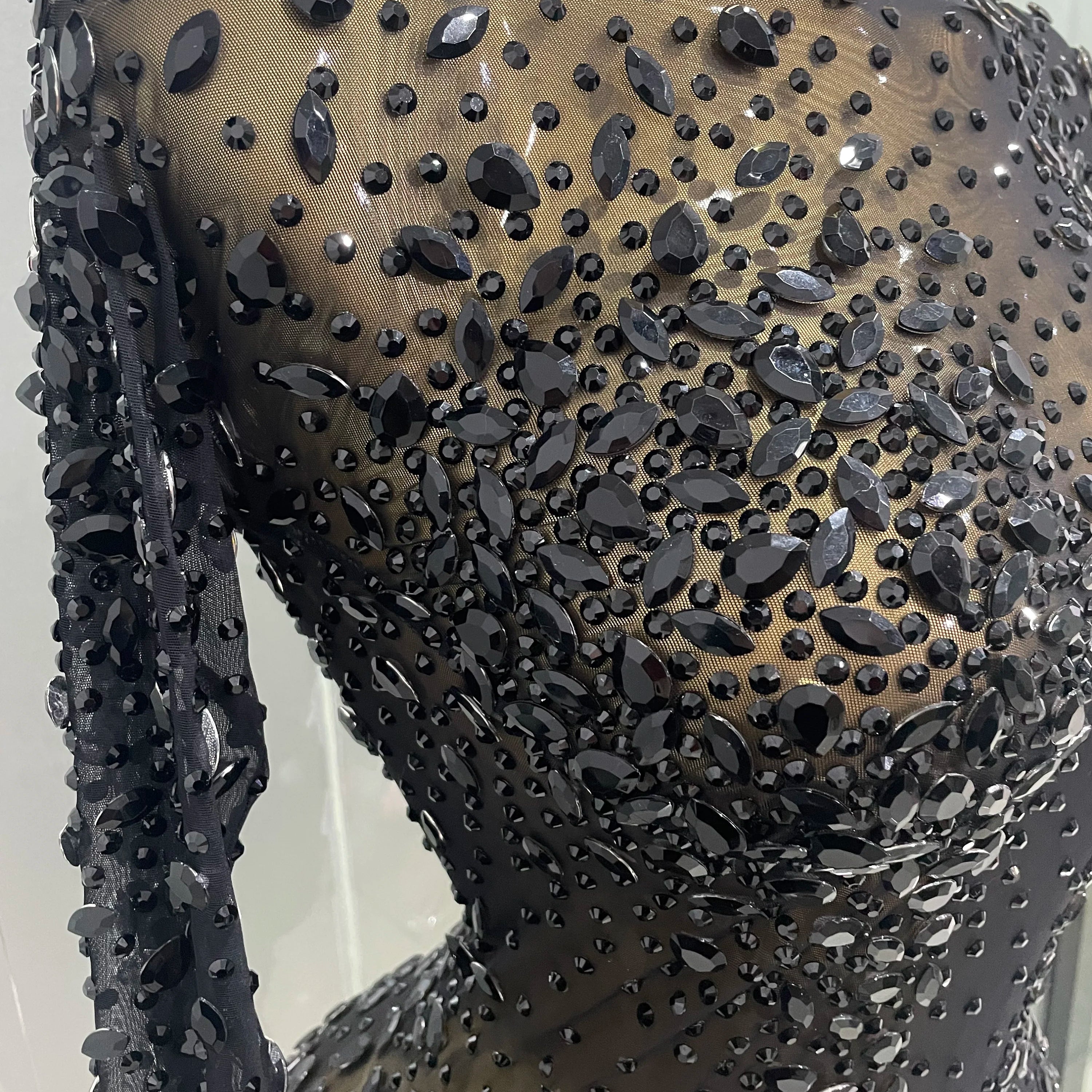 Sexy Shinny Rhinestone Stretch Mesh Transparent Long Dress 2025New Women Evening Birthday Party Prom Nightclub Singer Stage Wear