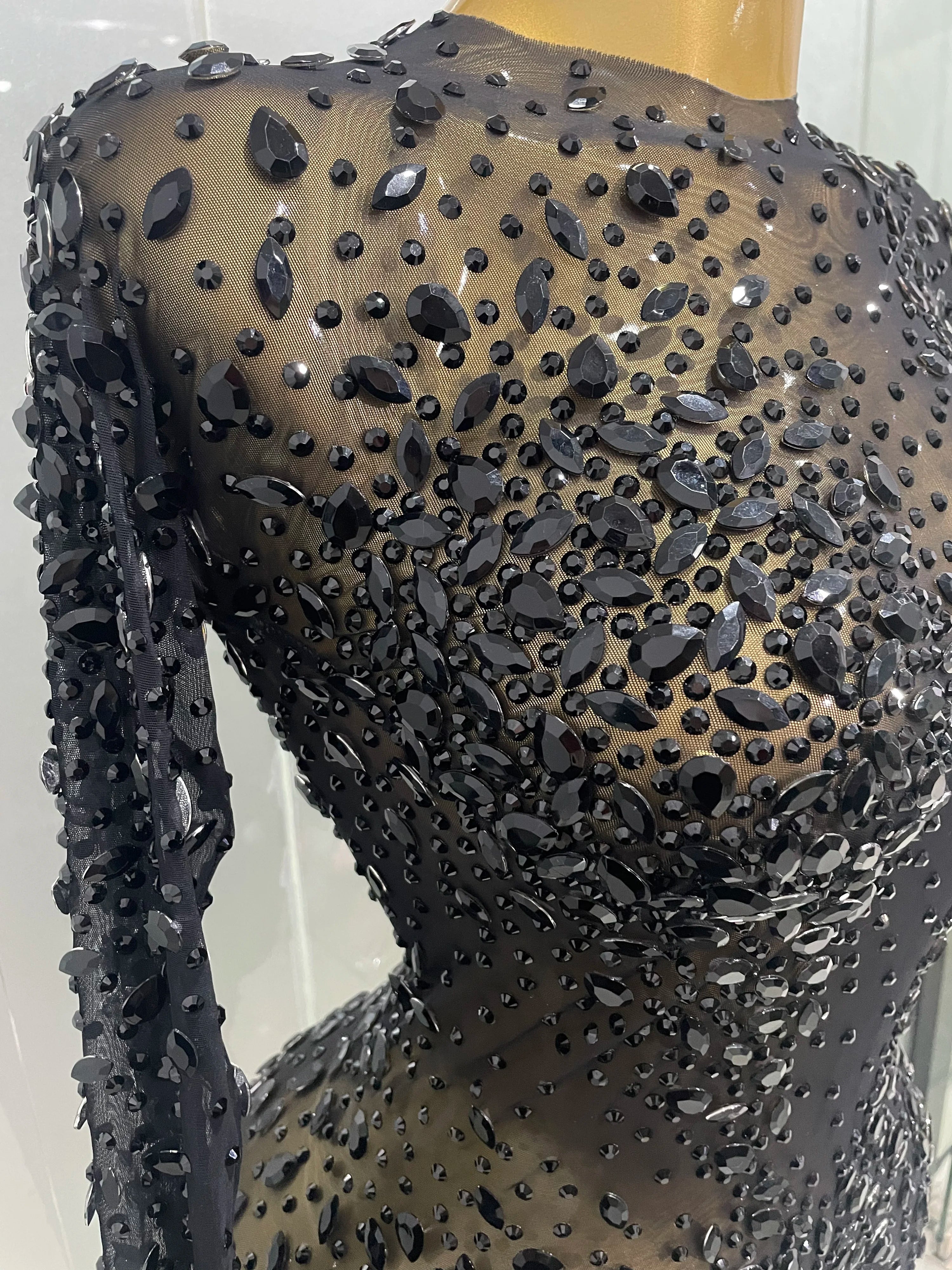 Sexy Shinny Rhinestone Stretch Mesh Transparent Long Dress 2025New Women Evening Birthday Party Prom Nightclub Singer Stage Wear