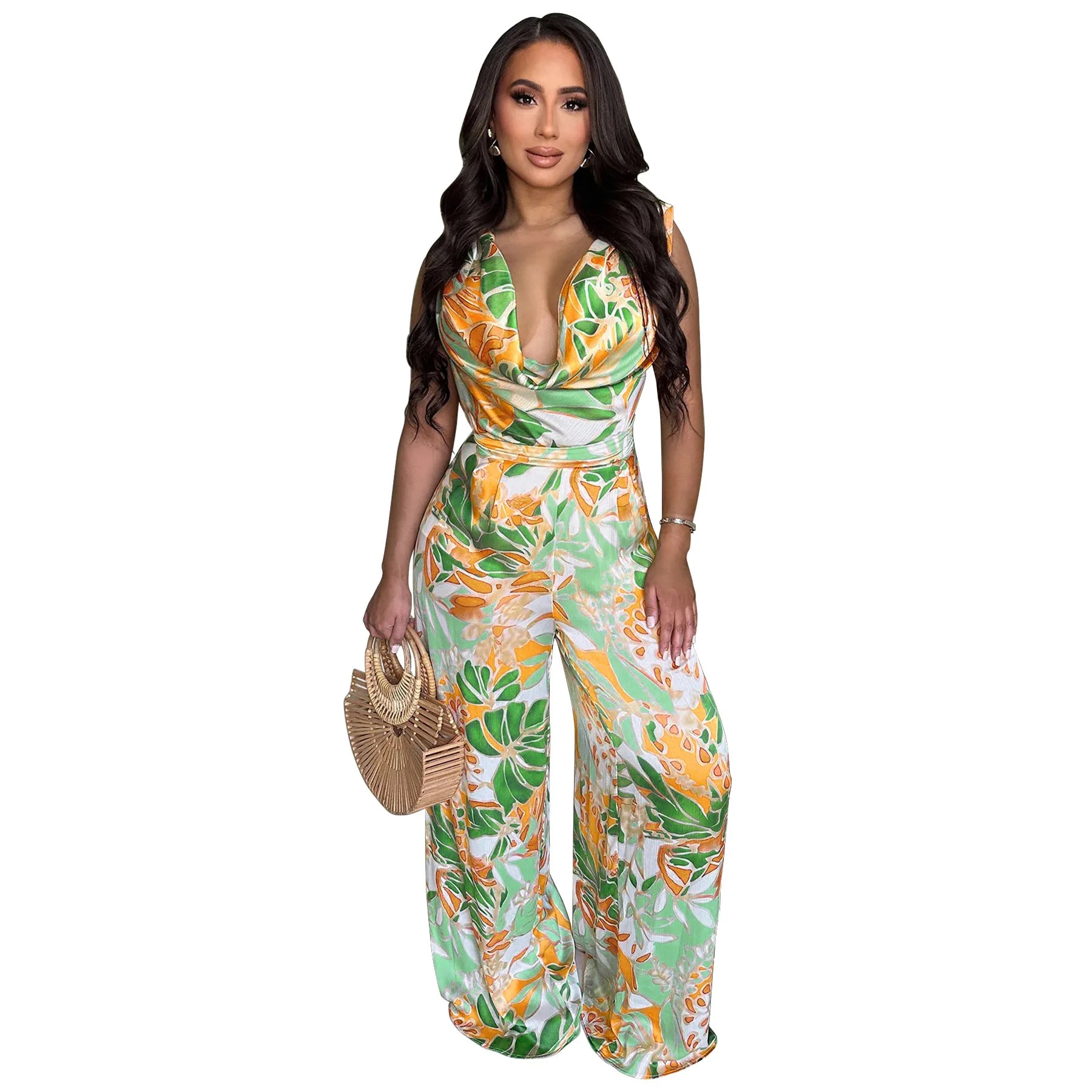 Leaf Printed Women Wide Leg Pile Neck Sleeveless Satin Jumpsuits 2025 Summer Beach Club Playsuit One Piece Suit Romper Green