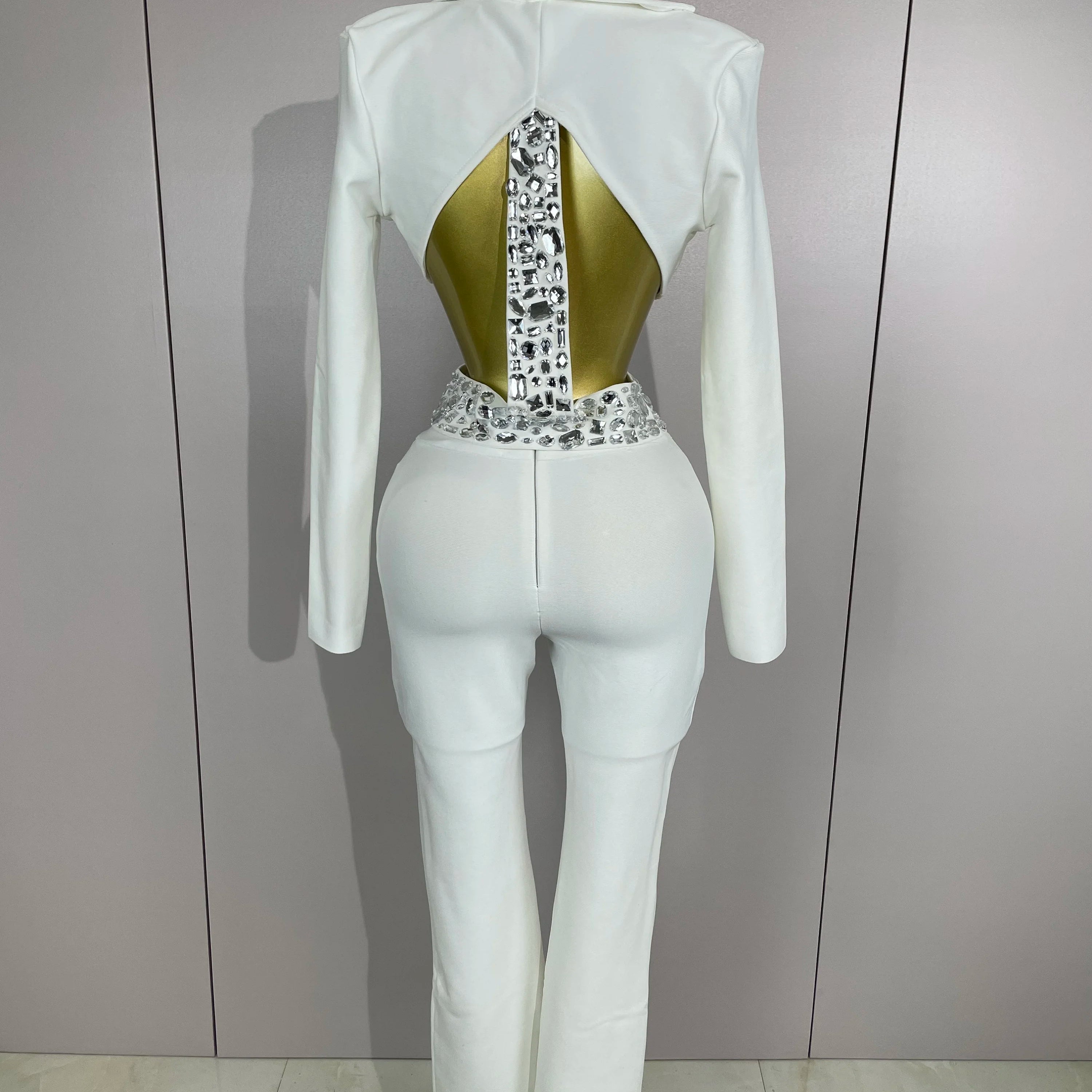 Sexy Cut Out Long Sleeve Beading Bodycon Two Pieces Pants Bandage Set Women Celebrity Designer Fashion Women Luxury Birthday Set