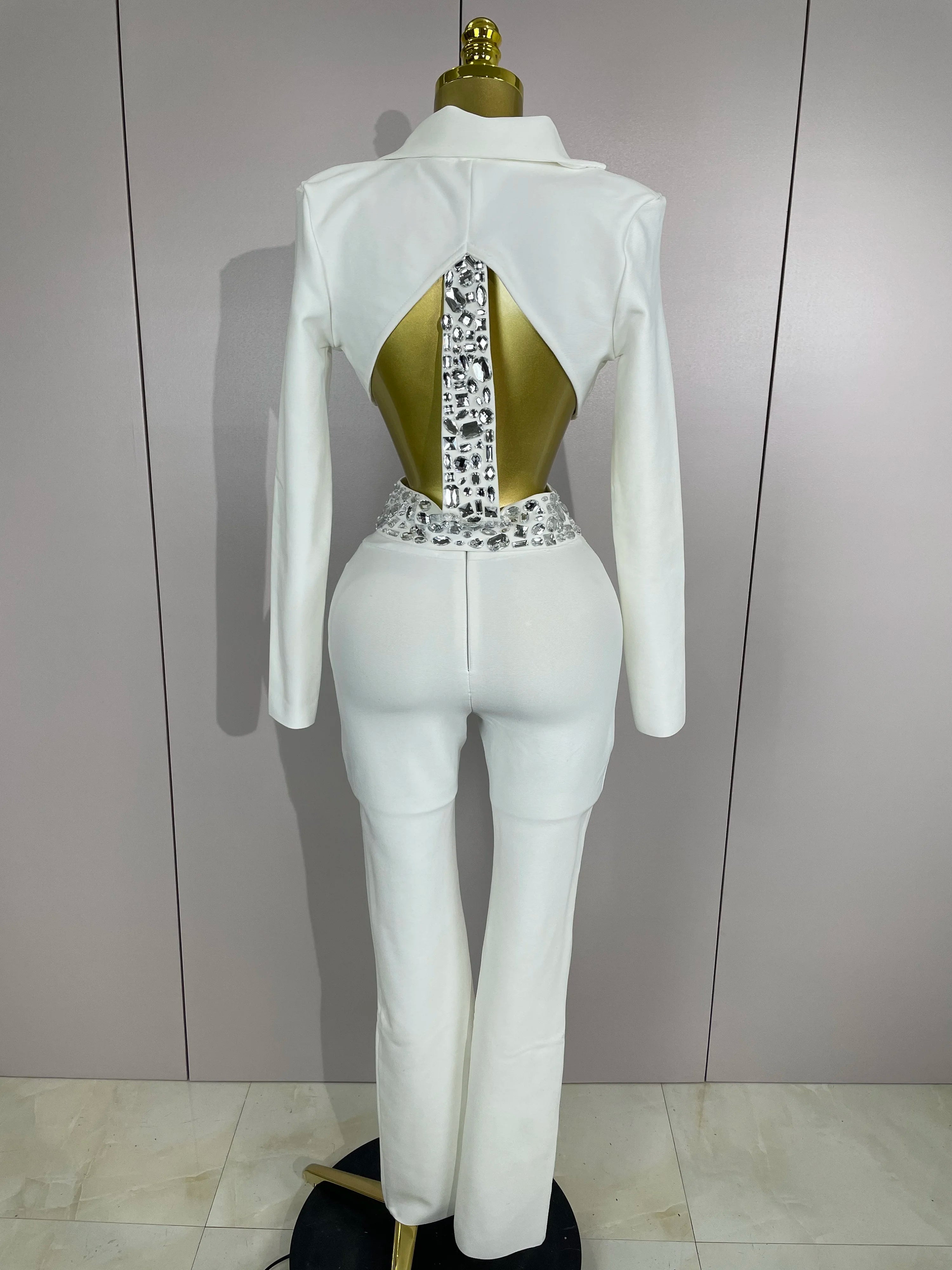 Sexy Cut Out Long Sleeve Beading Bodycon Two Pieces Pants Bandage Set Women Celebrity Designer Fashion Women Luxury Birthday Set