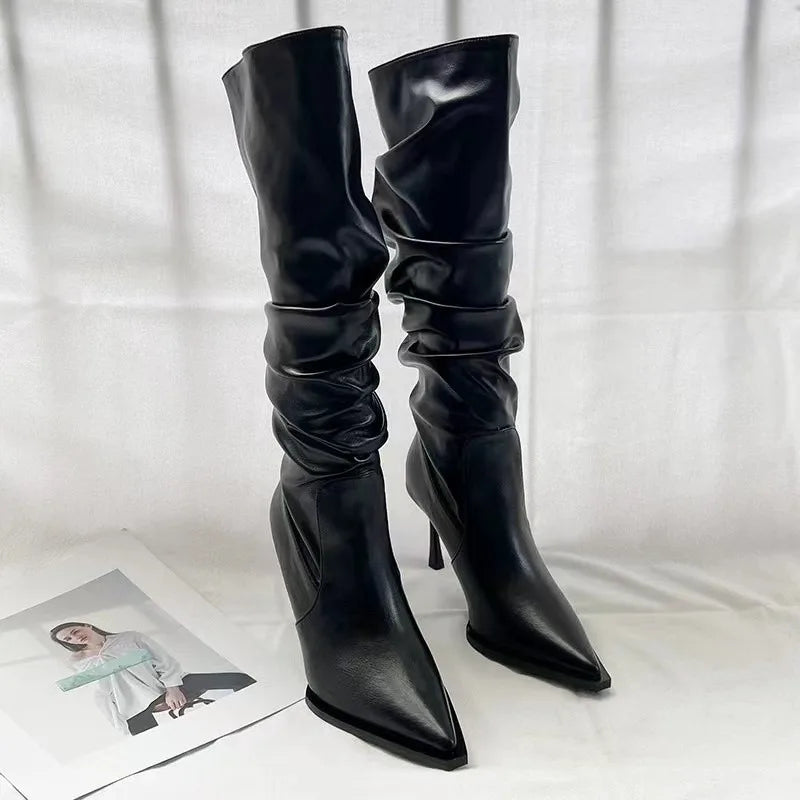 Pointed Pleated High Barrel Boots for Women in Autumn Thin Heel Stacked Boots High Heel Below Knee Long Barrel Boots