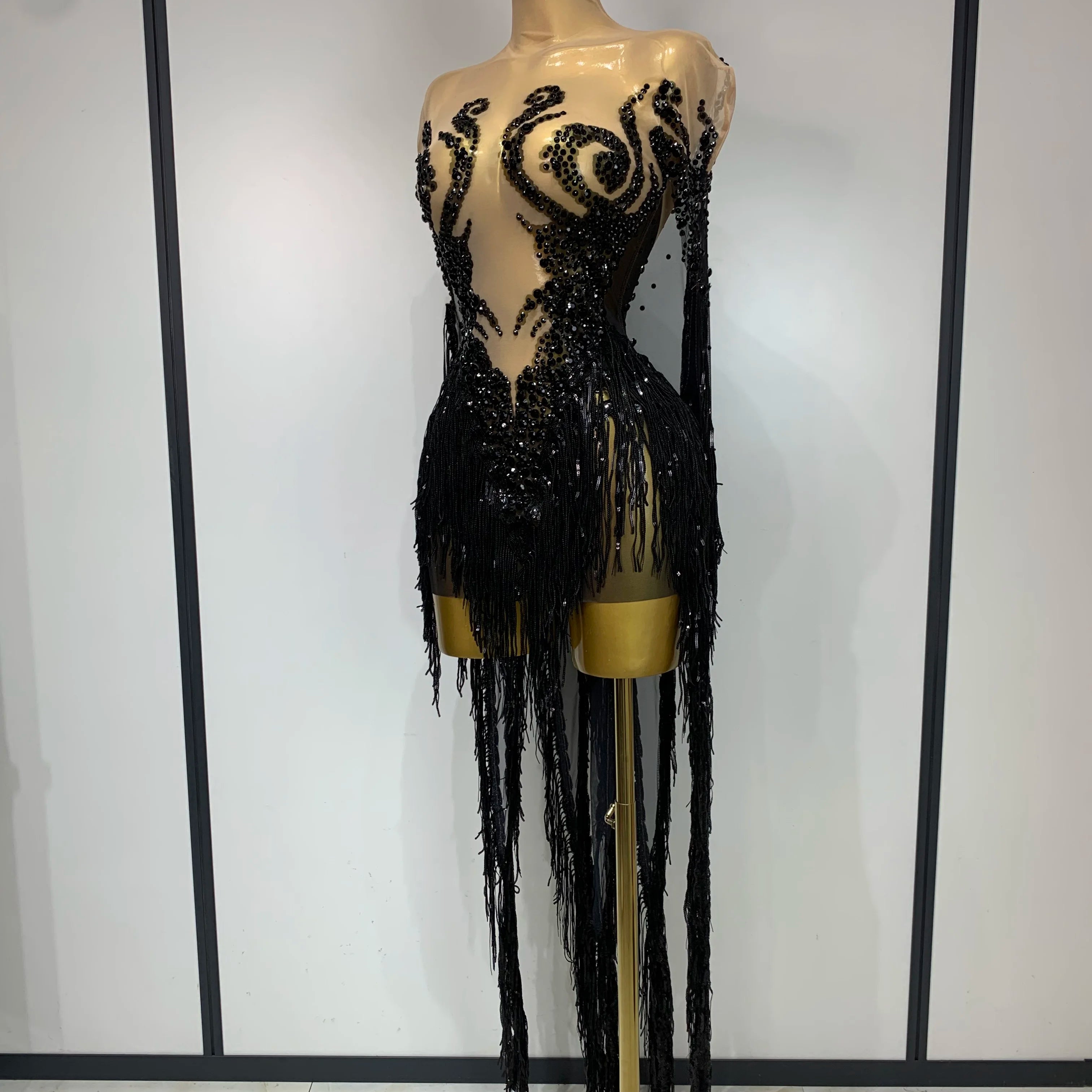 Sexy Sparkly Rhinestone Sequins Tassel Mesh Transparent Dress Women Evening Birthday Party Nightclub Dance Singer Stage Outfit