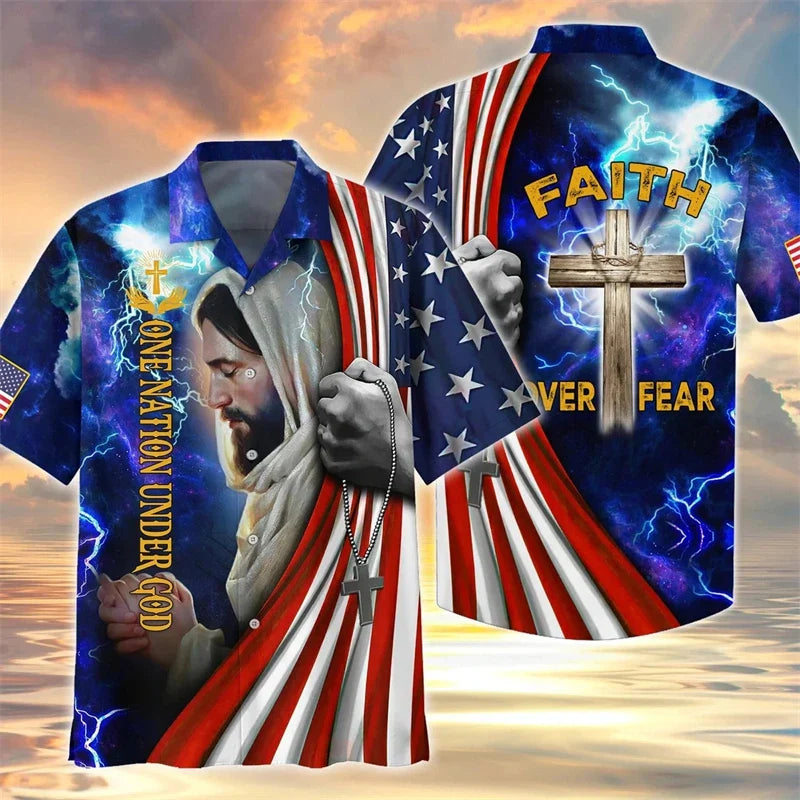 Men's USA National Eagle Flag Shirts Fashion 3d Print Tee Shirt Jesus Pattern Short Sleeve Oversized Casual Female Blouse 4XL Shirts-HWH38908