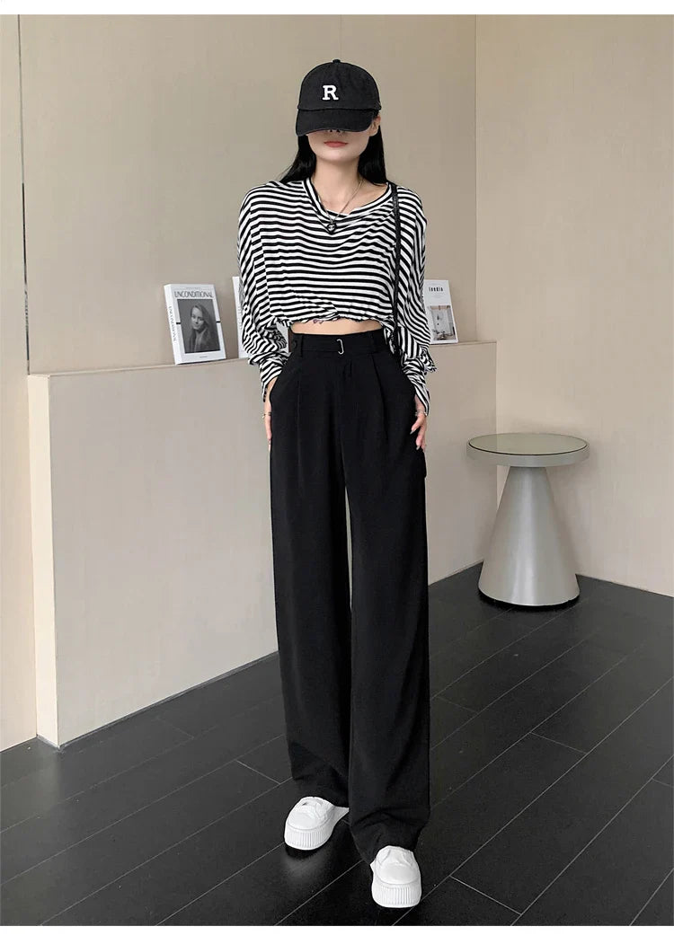 Seoulish High Waist New Suit Wide Leg Women‘s Full Pants Spring Summer Female Elegant Minimalism Straight Loose Trousers Black(shorter) XL