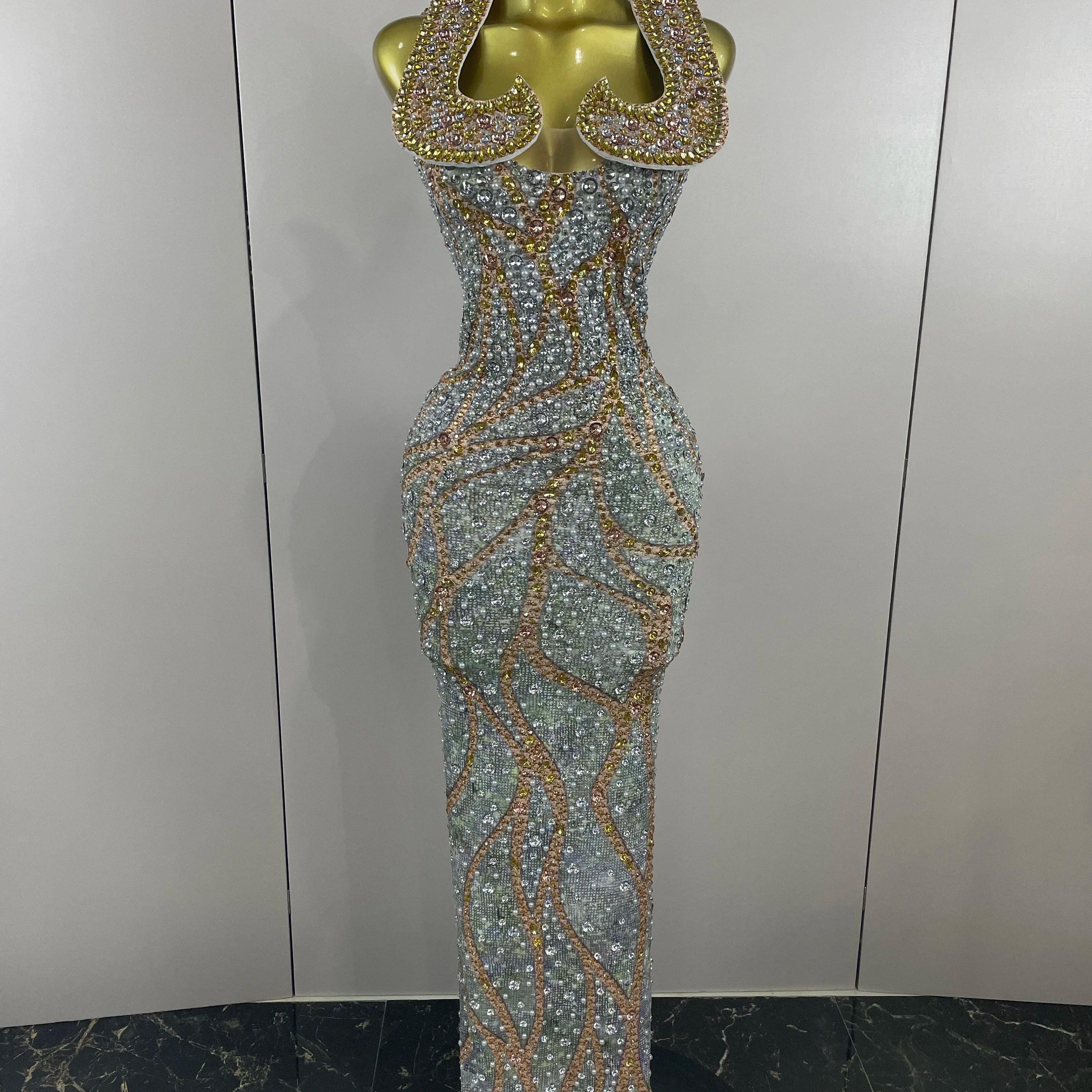 2025 Luxury Crystals Diamonds Slit elegant Sheath Fishtail Dress Women Sexy Evening Party Performance Photoshoot Stage Dress MULTI