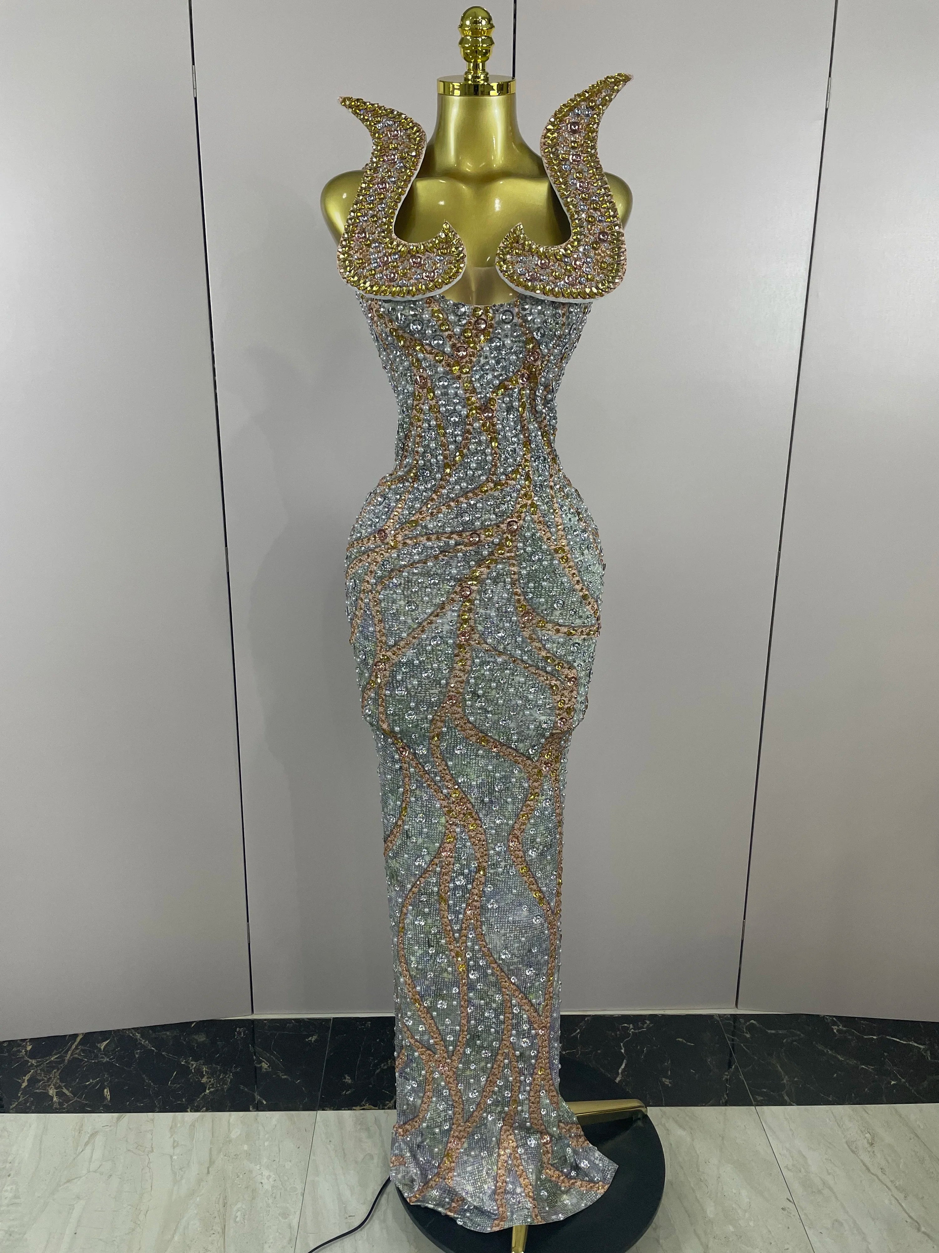2025 Luxury Crystals Diamonds Slit elegant Sheath Fishtail Dress Women Sexy Evening Party Performance Photoshoot Stage Dress MULTI
