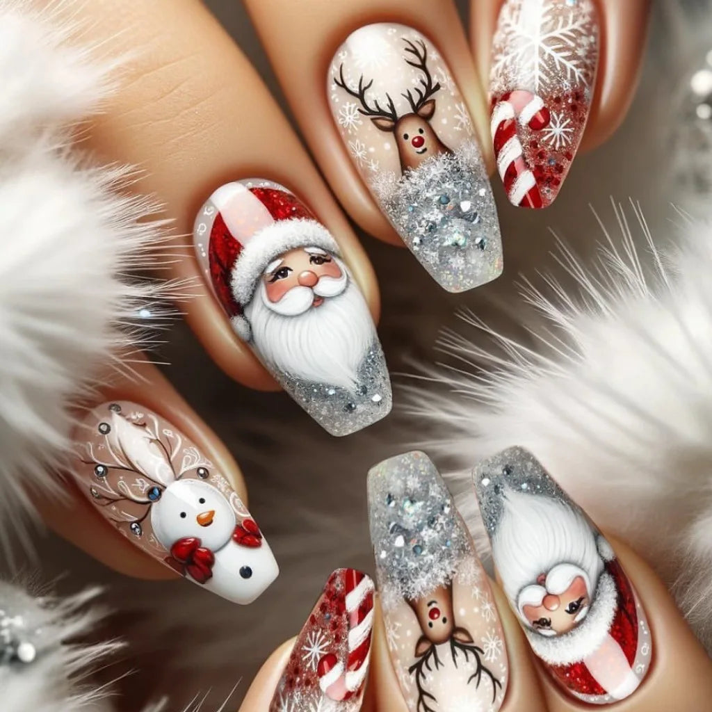 2025 Merry Chrismas Press on Nails Cute Snowman Elk Santa Claus Print Fake Nail Tips Wearable Long Coffin False Nails for Girls