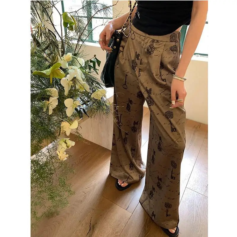 Summer Korean Style Women Vintage Print Ankle-length Pants Casual Loose Button Fly Waist Wide Leg Pants brown